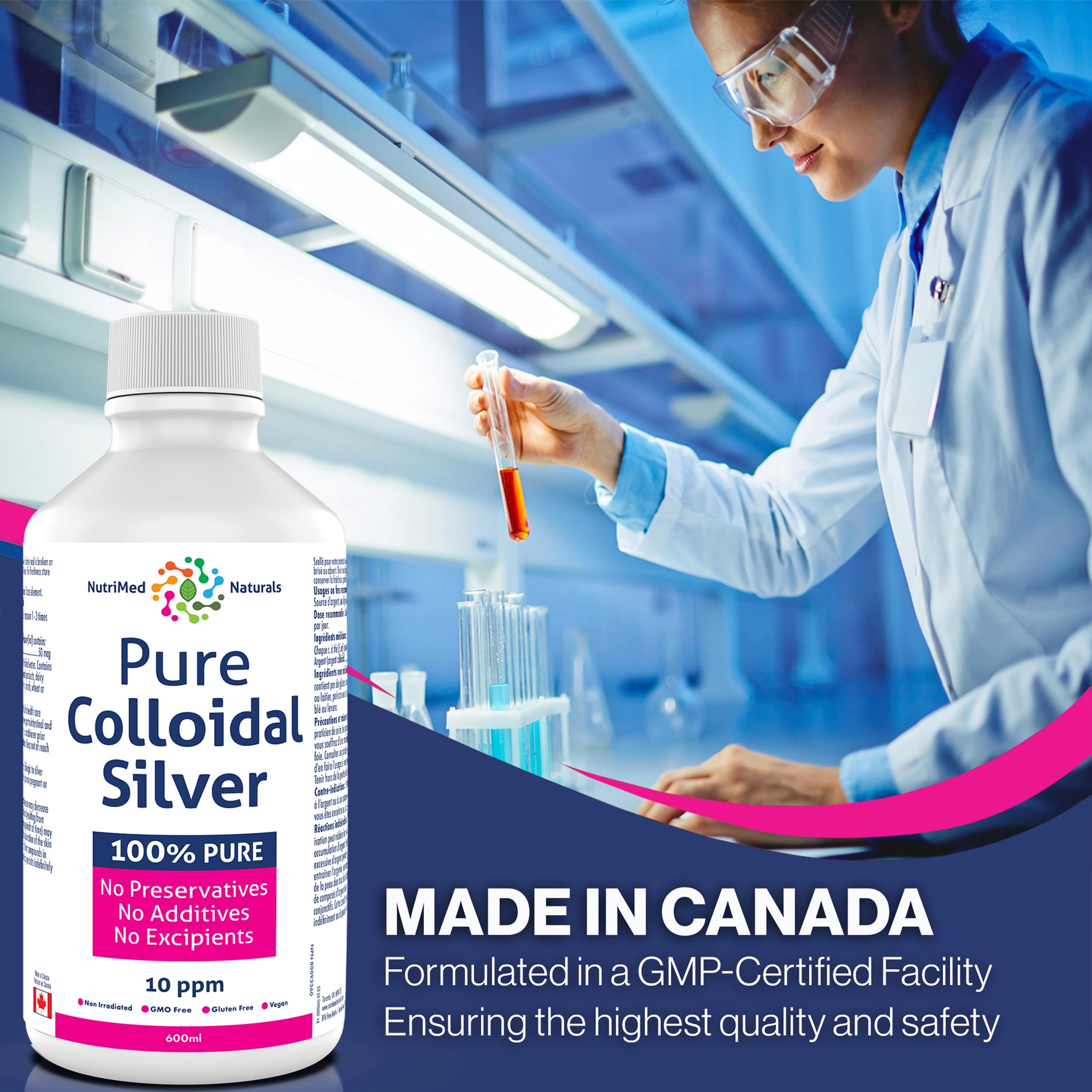 Nutrimed Naturals - Pure Colloidal Silver 10ppm, 600ml Liquid 120-Servings - Helps Support your Immune System and Overall Vitality - Vegan & Non-GMO - 3rd Party Tested - Formulated & Made in Canada