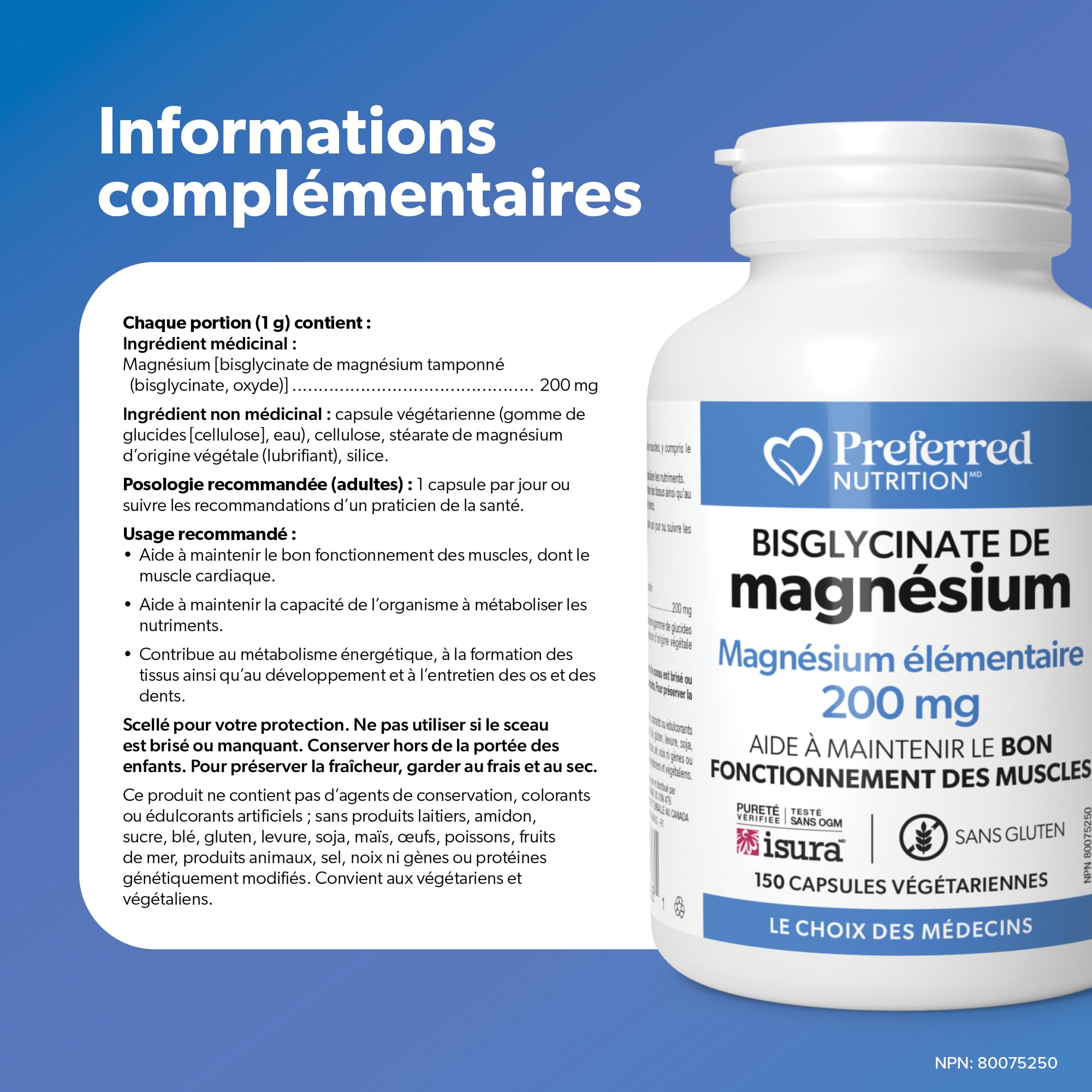 Preferred Nutrition Magnesium Bisglycinate 200 mg, Veg Caps, Elemental Magnesium, Maintains Proper Muscle Function, Proudly Canadian