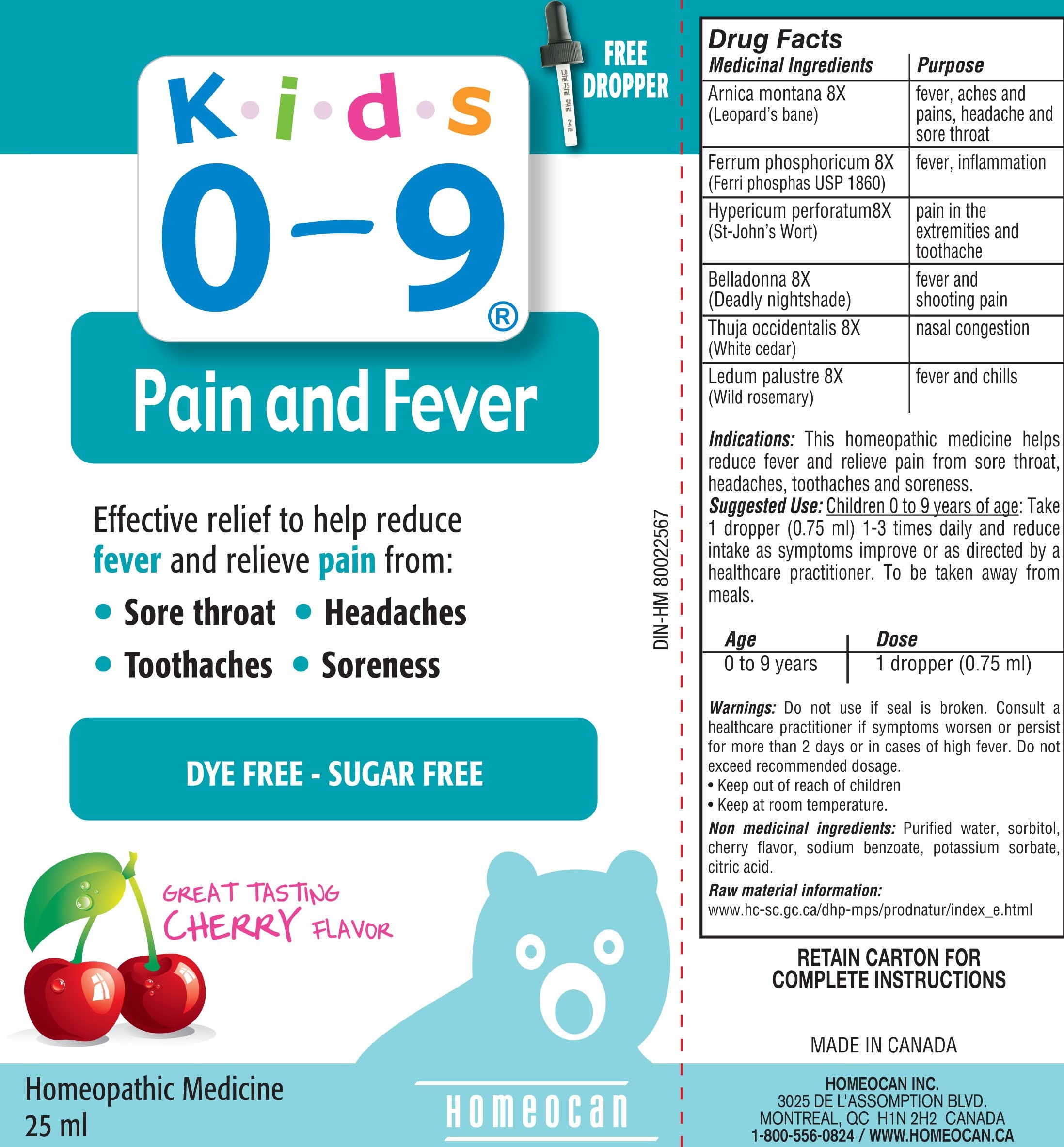 Enfants 0-9 Douleur et Fièvre 25 ml 33 doses – Saveur cerise – Aide à réduire la fièvre et à soulager la douleur due aux maux de gorge, aux maux de dents, aux maux de tête et aux courbatures – Solution orale pour enfants – Sans colorant ni sucre