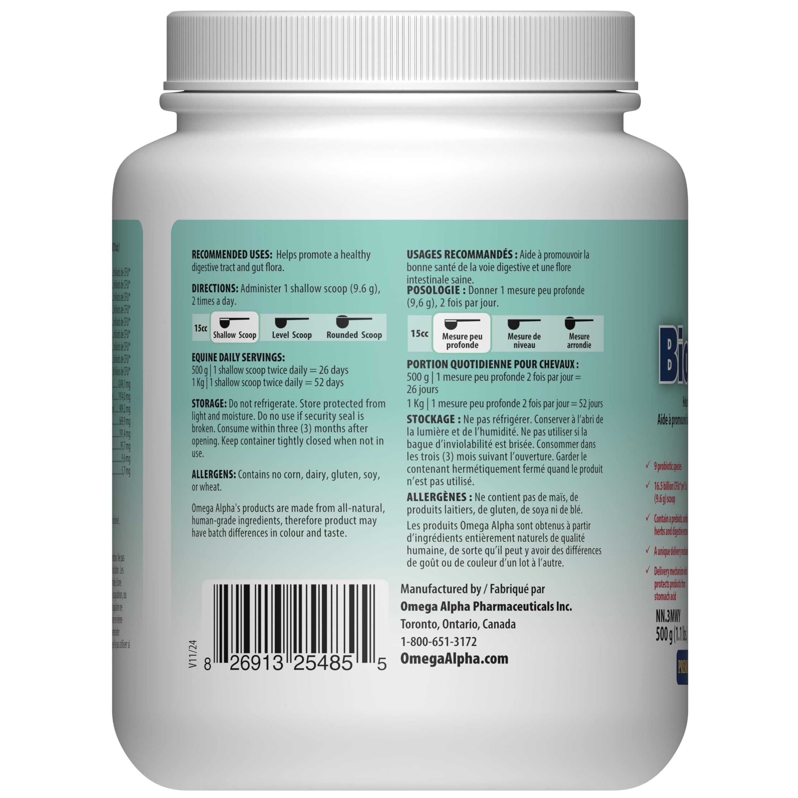 Omega Alpha Probiotic 8 Plus Poudre équine 500g, Supplément de soutien digestif multi-souches avec enzymes et prébiotiques pour la santé intestinale et l'absorption des nutriments