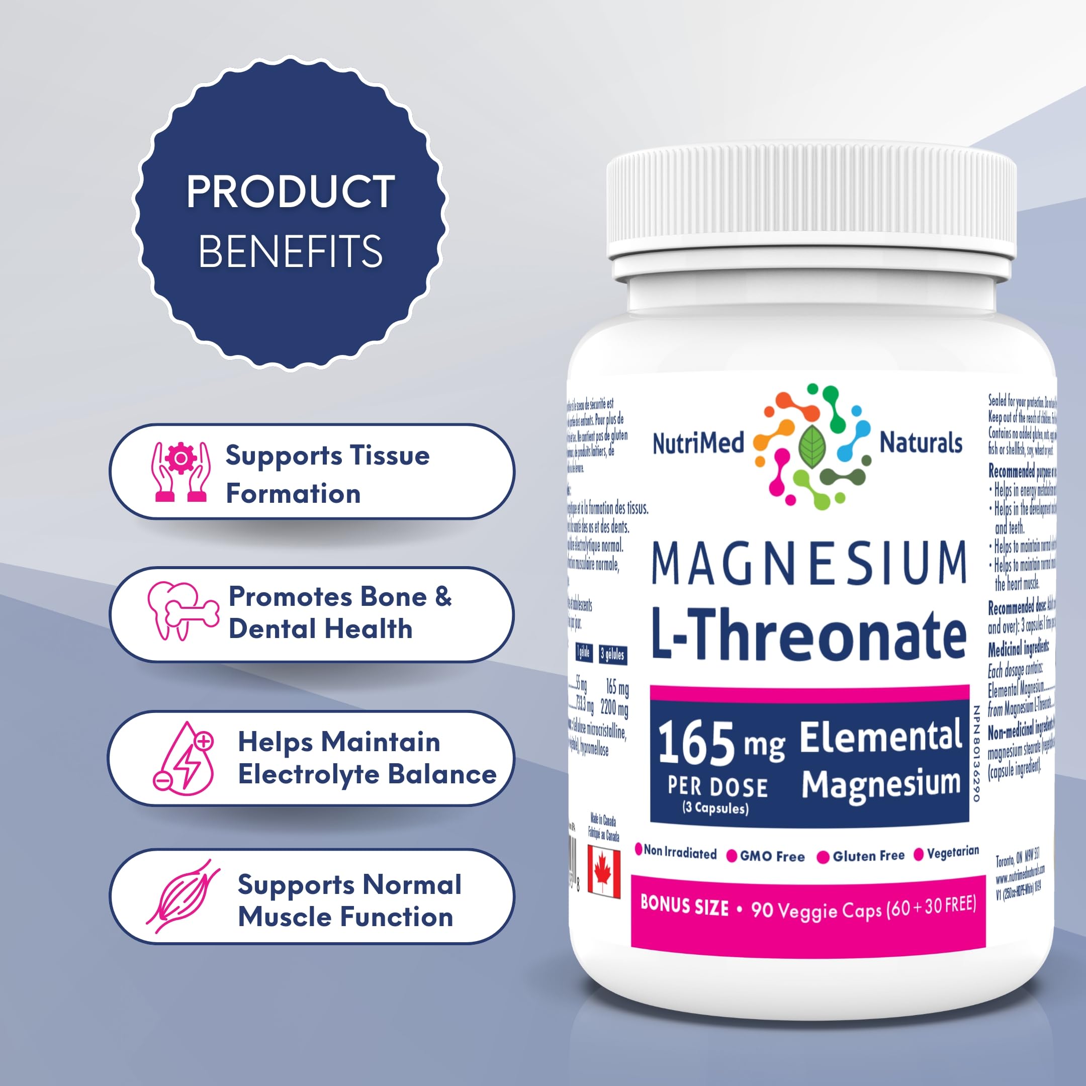 Nutrimed Naturals - Supplément de Magnésium L-Thréonate Élémentaire 165mg 90 Gélules Pour 30 Jours - Améliore la Concentration, la Mémoire et la Santé Cérébrale Optimale - Testé par un Tiers - Formulé et Fabriqué au Canada