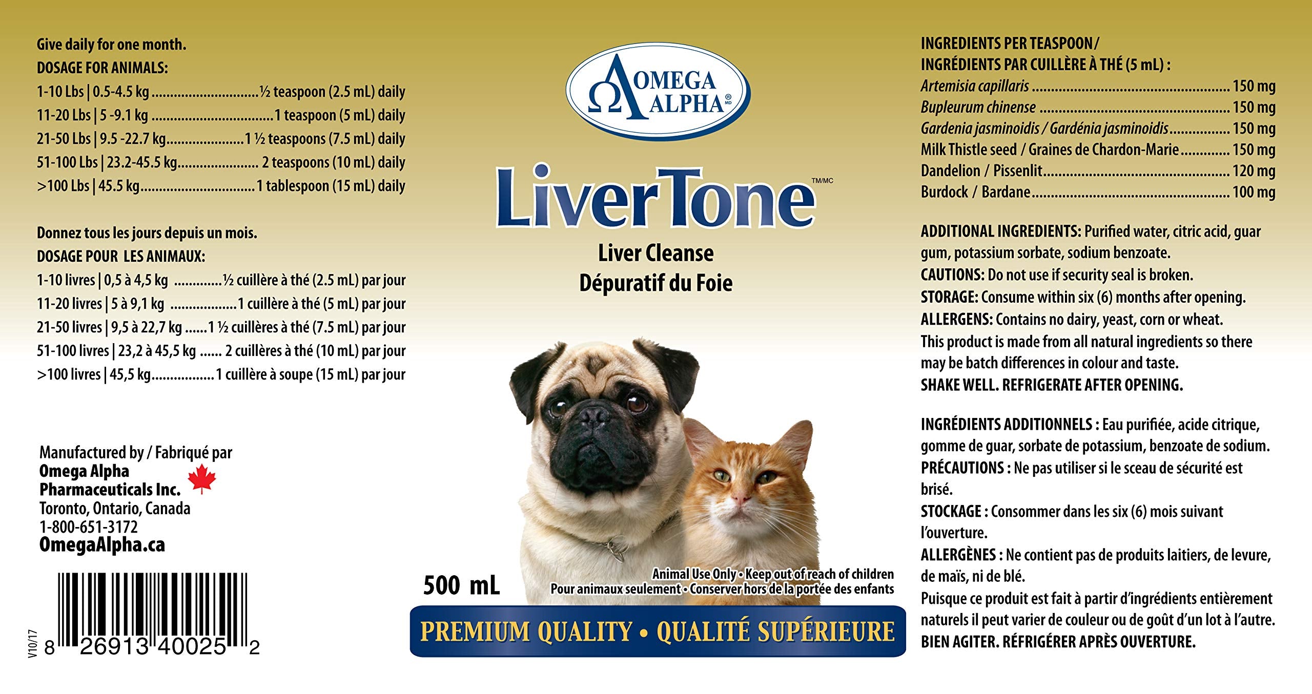 Omega Alpha LiverTone 500mL, Liquid Supplement for Dogs & Cats, Herbal Blend with Milk Thistle & Dandelion, Supports Liver Wellness & Internal Balance