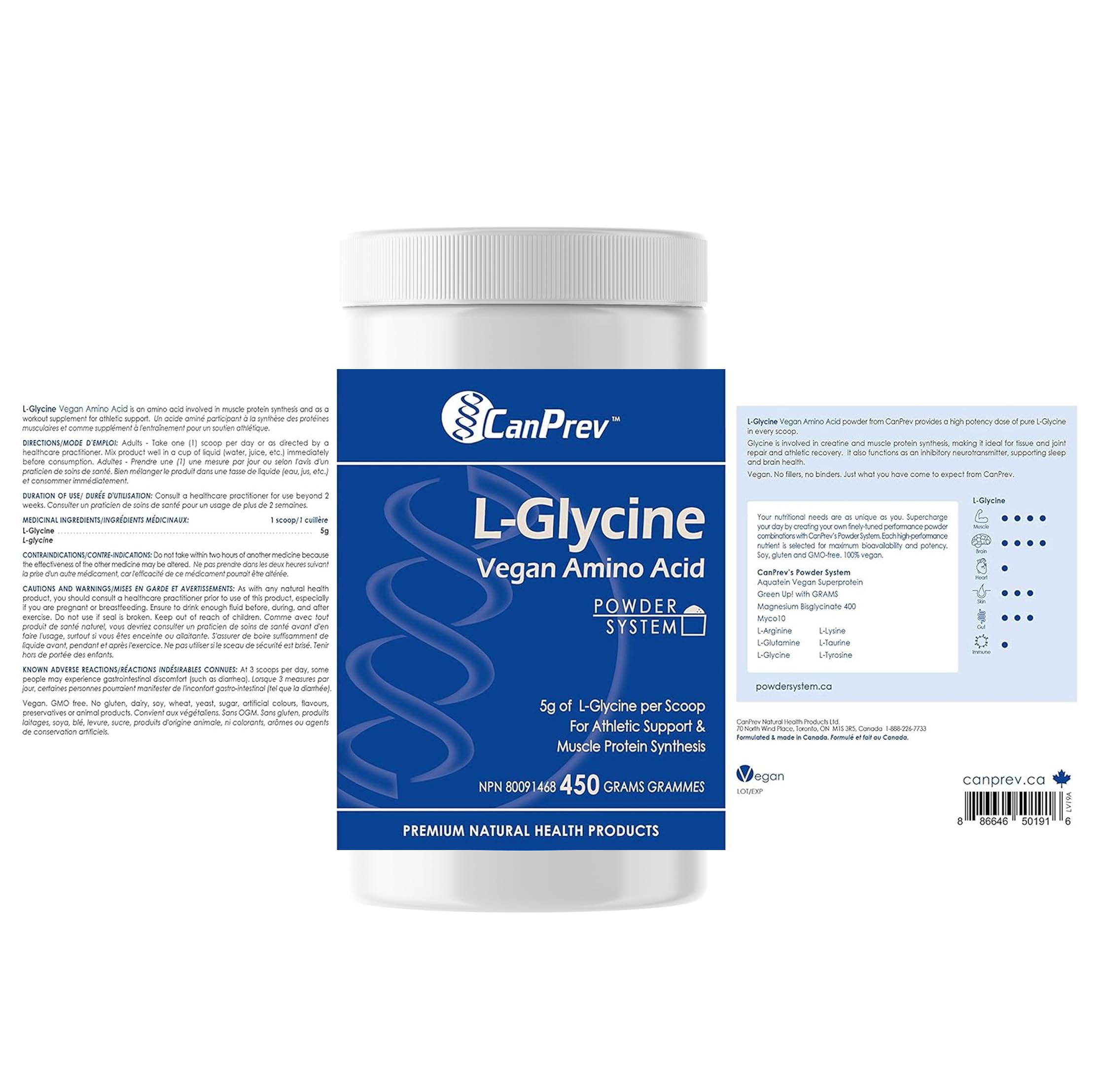 CanPrev L-Glycine poudre d'acides aminés végétalienne 450g 90 portions - 5g de L-Glycine par mesure, favorise la récupération et la performance sportive, promeut le rajeunissement, supplément de glycine pour la relaxation et le soutien cérébral