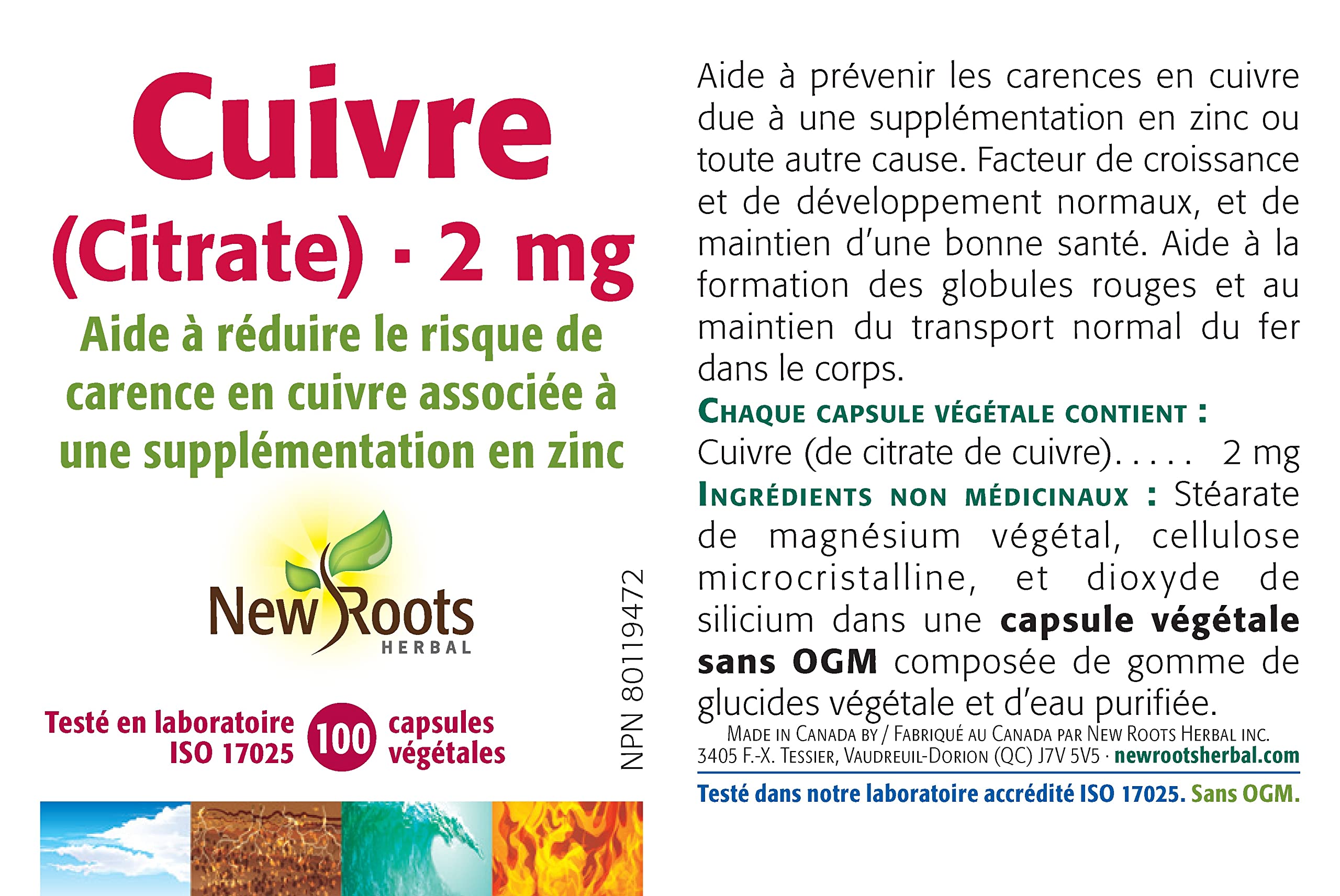 New Roots Herbal Citrate de cuivre 2 mg Supplément minéral, Aide à la production de tissus conjonctifs, de globules rouges et à l'intégrité de la peau, 100 capsules végétales, Approvisionnement de 100 jours