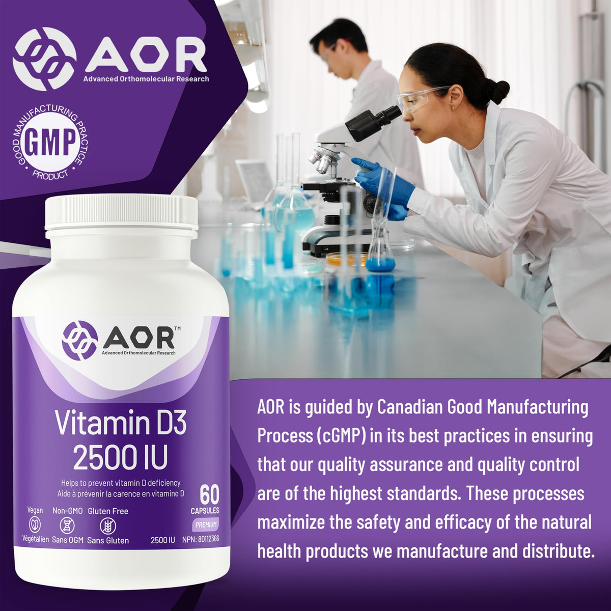 AOR Vitamin D3 2500 IU Capsules, Vitamin D, 60 Capsules, 60 Day Supply