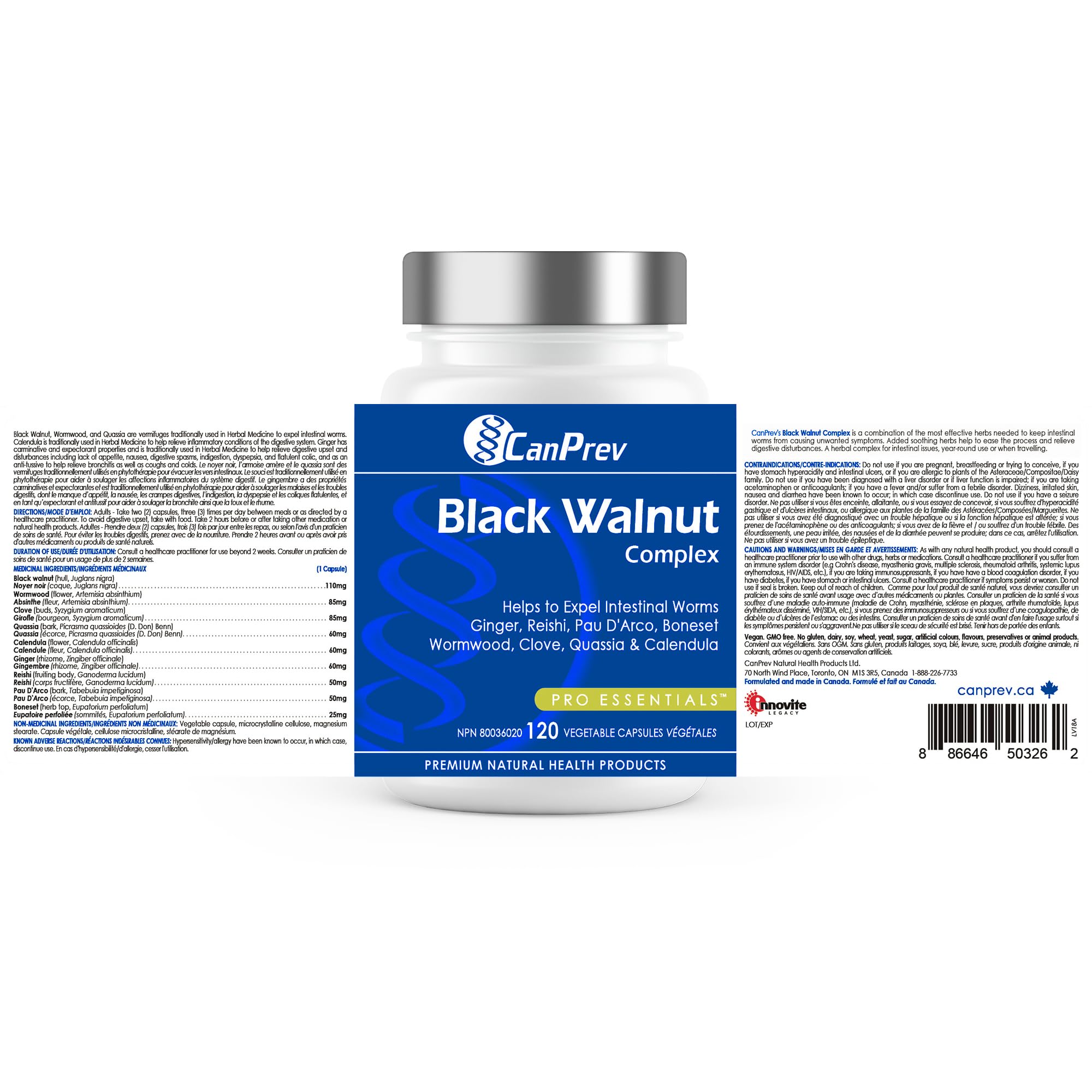 CanPrev - Complexe de Noyer noir, 120 capsules végétaliennes - Supplément de Noyer noir pour la santé digestive, le soulagement des maux d'estomac, le soulagement de l'indigestion et le soulagement de la diarrhée - Aide à expulser les vers intestinaux