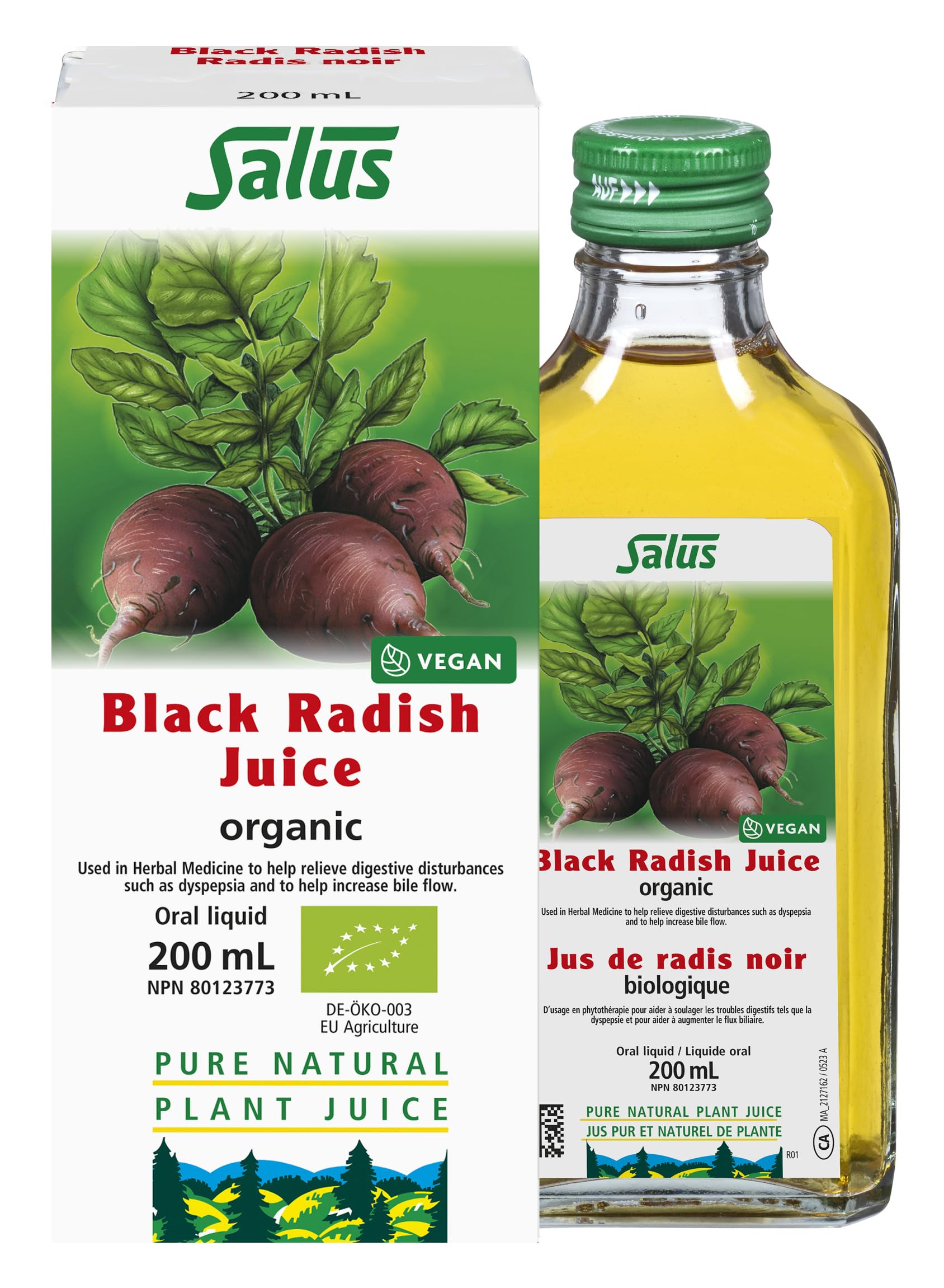 Jus de radis noir SALUS 200 ml - pour le bien-être digestif, le soutien du foie et la santé cardiovasculaire - 100 % pressé à froid, végétalien, sans gluten