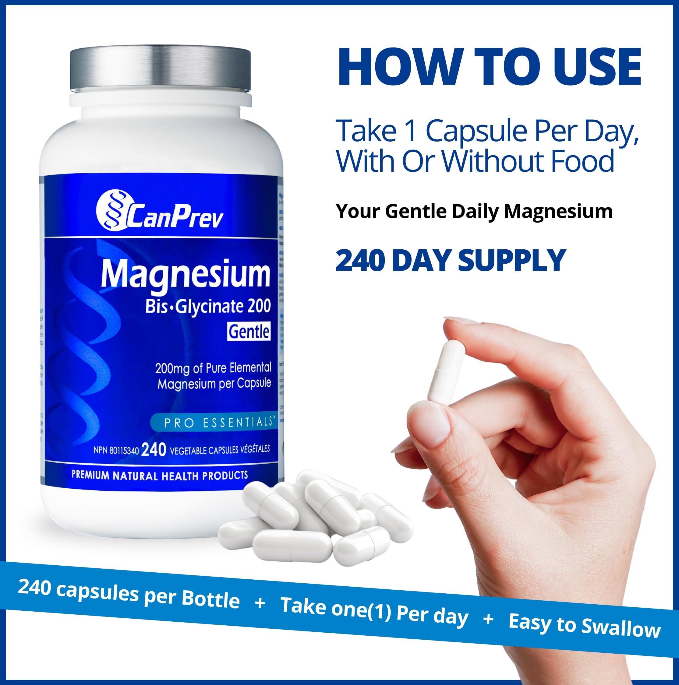 CanPrev - Bisglycinate de magnésium pur 200mg (Doux) | Supplément complexe de chélate élémentaire | Idéal pour les os, les articulations, la digestion, la constipation et un meilleur sommeil | Végétalien