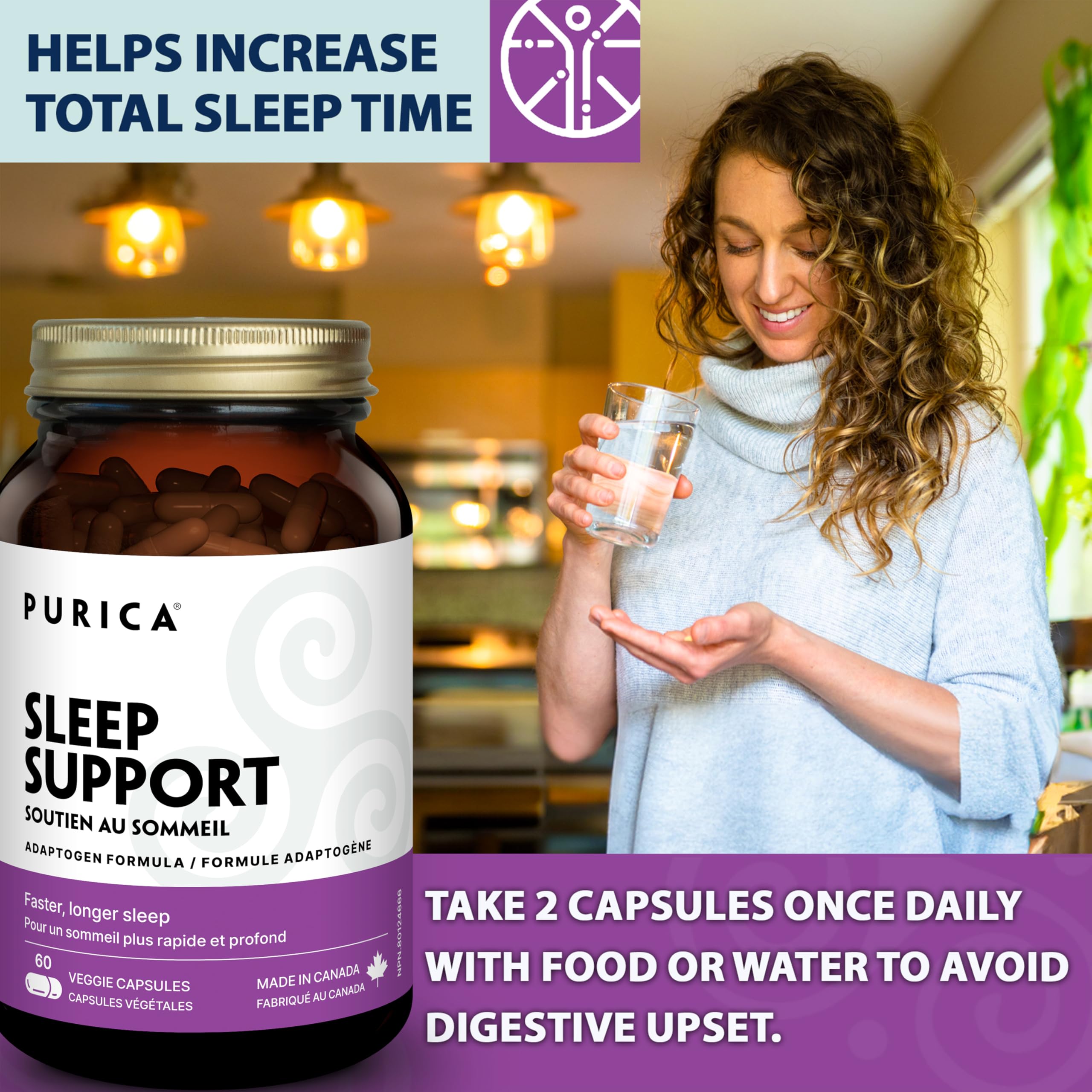 PURICA Sommeil Paisible, Aide à Favoriser des Nuits Reposantes et un Voyage Facile, Contient des Champignons Reishi Rouges, de l'Ashwagandha Biologique et de la Mélatonine, Formule Sans Gluten et Sans OGM