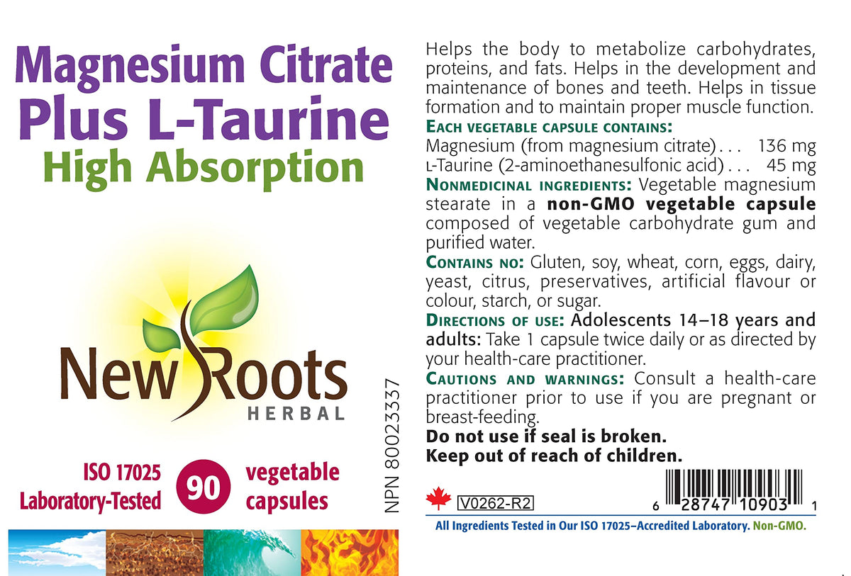 New Roots Herbal Magnesium Citrate & Taurine Capsules, 90 Capsules