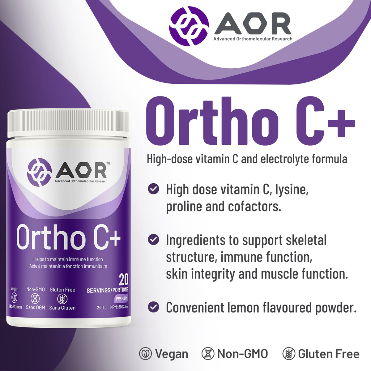 AOR Ortho C+ Powder, 3g Vitamin C, Electrolyte Powder, 240g, Lemon Flavour
