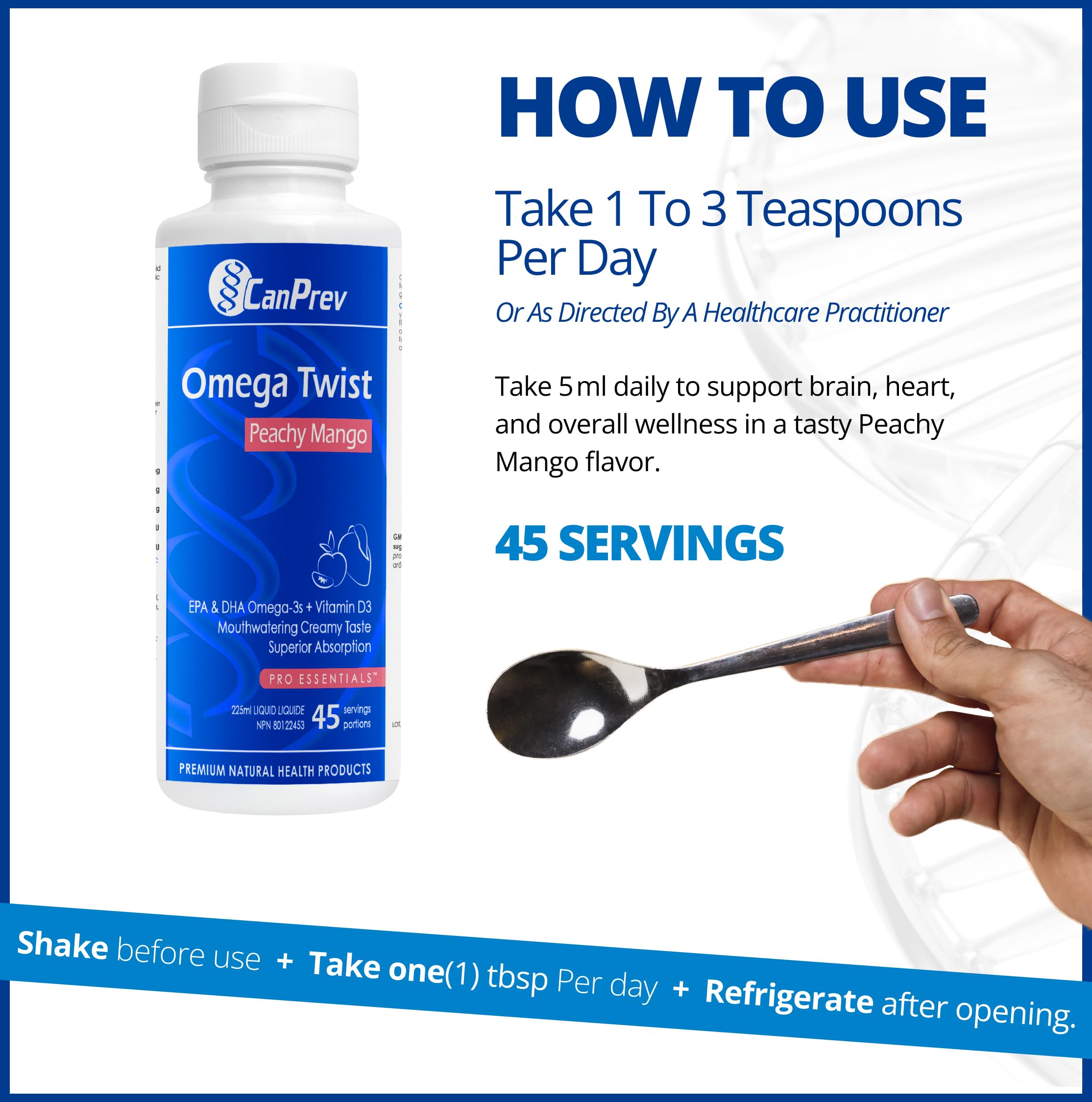 CanPrev Omega Twist Pêche Mangue, 225 ml Liquide 45 Portions - Absorption Supérieure Enrichi en Vitamine D3, Acides Gras Oméga-3 DHA et EPA - Aide à Soutenir la Santé Cognitive et la Fonction Cérébrale - Sans OGM
