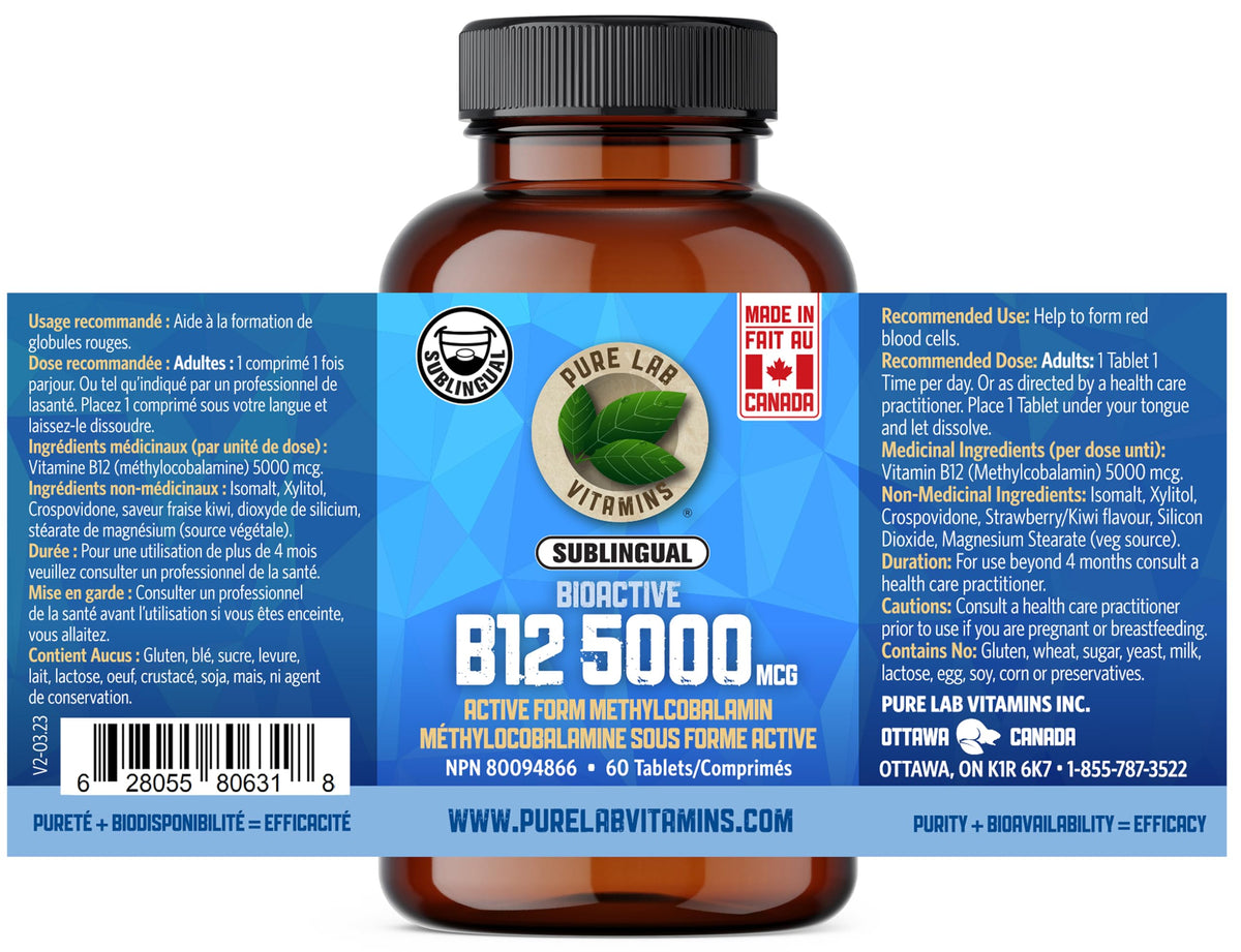 Pure Lab Vitamins | Bioactive Vitamin B12 5000mcg | 60 Tablets | Sublingual B12 Methylcobalamin 5000 mcg | Metabolism Boosters Energy Supplement | Helps in Normal Immune System Function - Gluten Free