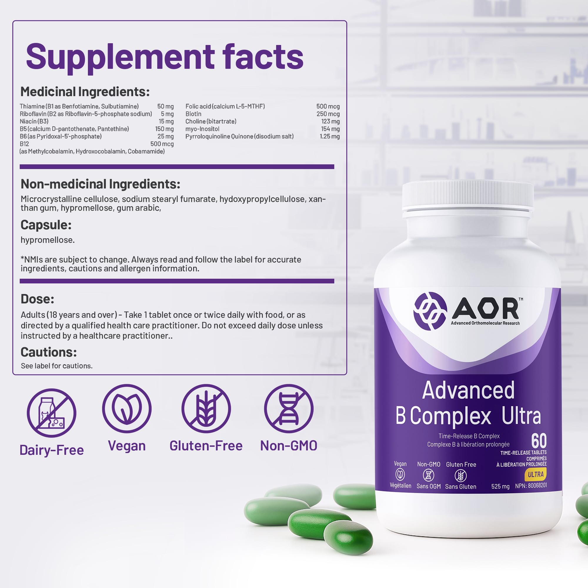 AOR Advanced B Complex Ultra 525mg, 60 comprimés végétaliens, 60 jours d'approvisionnement - Acide folique à libération prolongée, choline, B1, B2, B3, B5, B6, B12 (méthylcobalamine) et inositol - Favorise l'énergie, la concentration et la clarté mentale