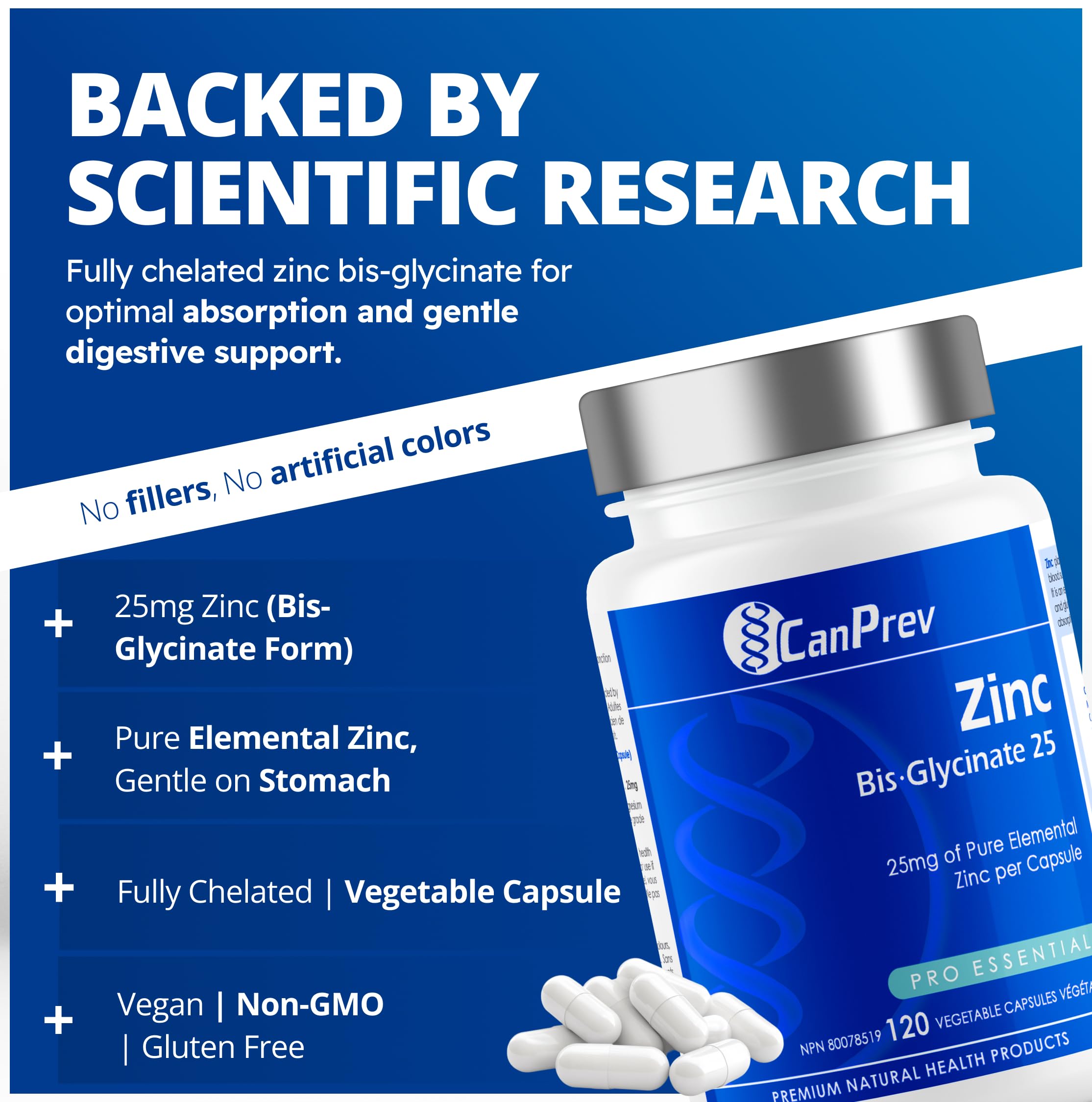 CanPrev Zinc Bis-Glycinate 25mg de zinc élémentaire pur par capsule - Produits de Santé Naturels