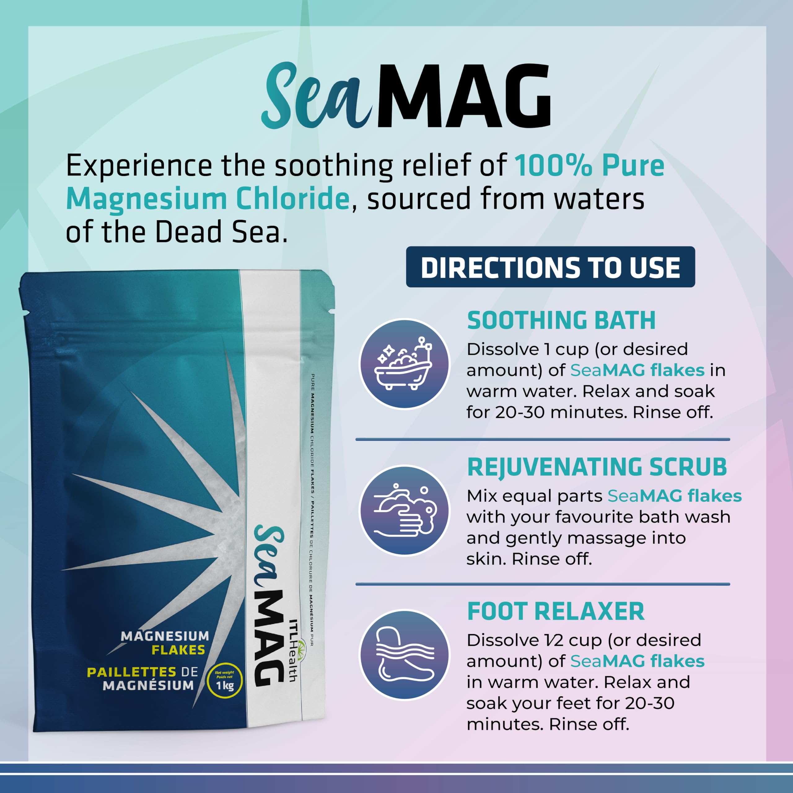 SeaMAG Magnesium Bath Salt, Alternative to Epsom Salt - 100% Pure & Natural Magnesium Flakes from The Dead Sea | High Absorption Flakes for Relaxation & Wellness