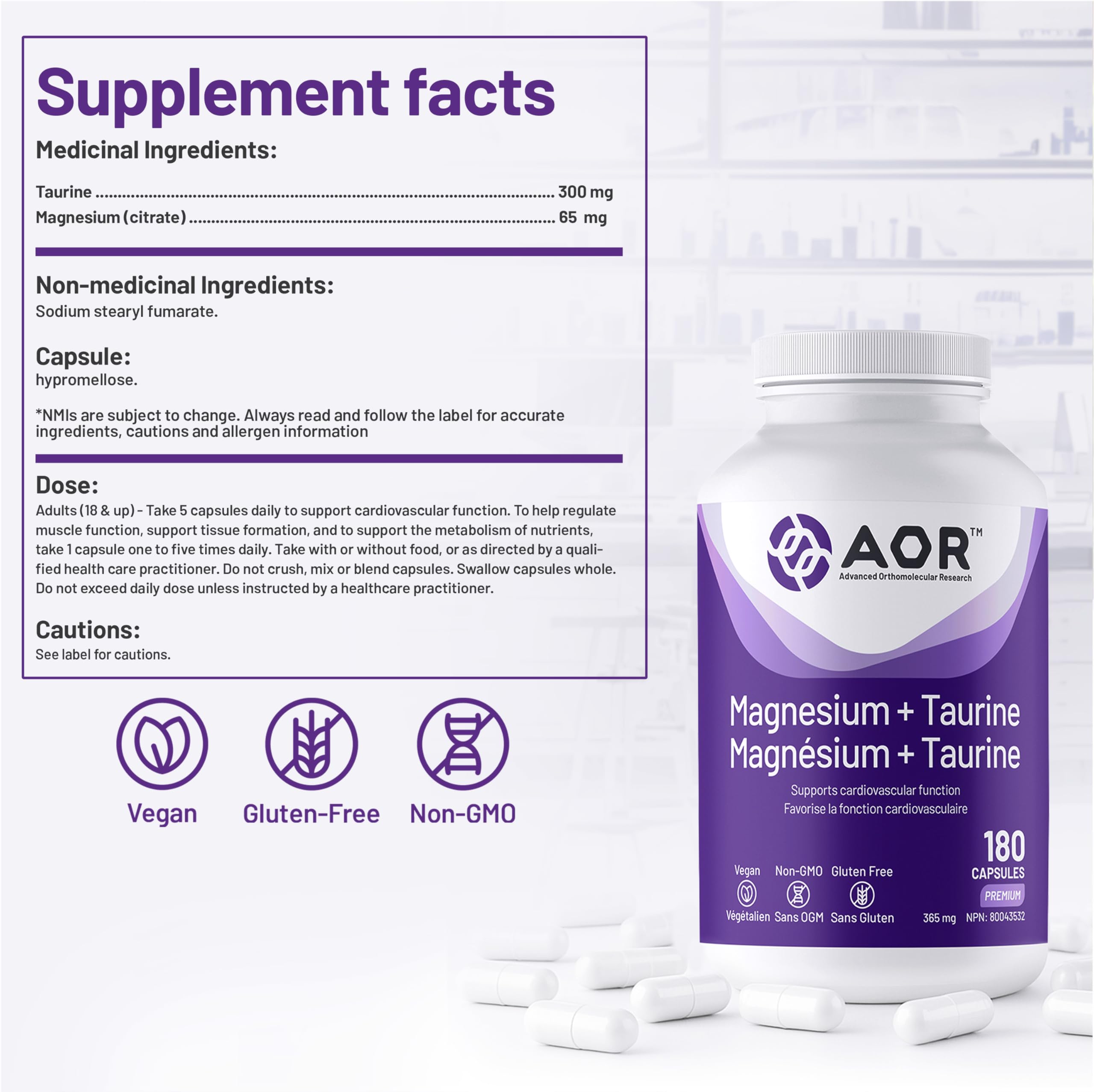 AOR Magnesium + Taurine 365mg, 180 Caps 36-Day Supply - Magnesium-Citrate with Taurine Supplements for Energy Production, Strong Bone, Muscle Relaxation & Circulatory System Support - Vegan & Non-GMO