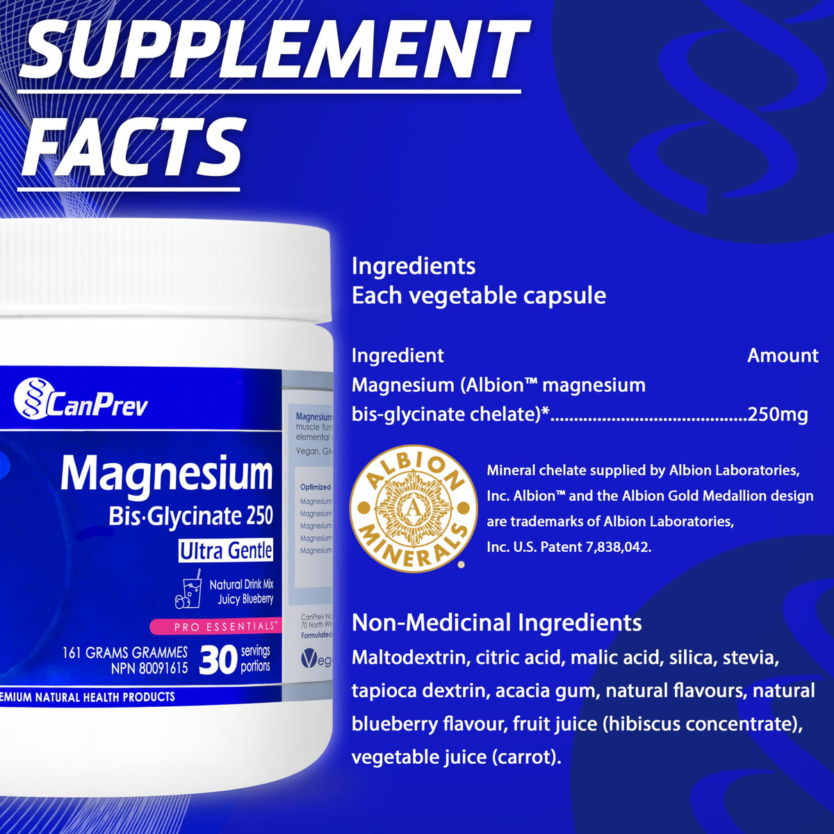 CanPrev Magnesium Bisglycinate Powder, 250 mg, Blueberry, 161g, 30 Servings