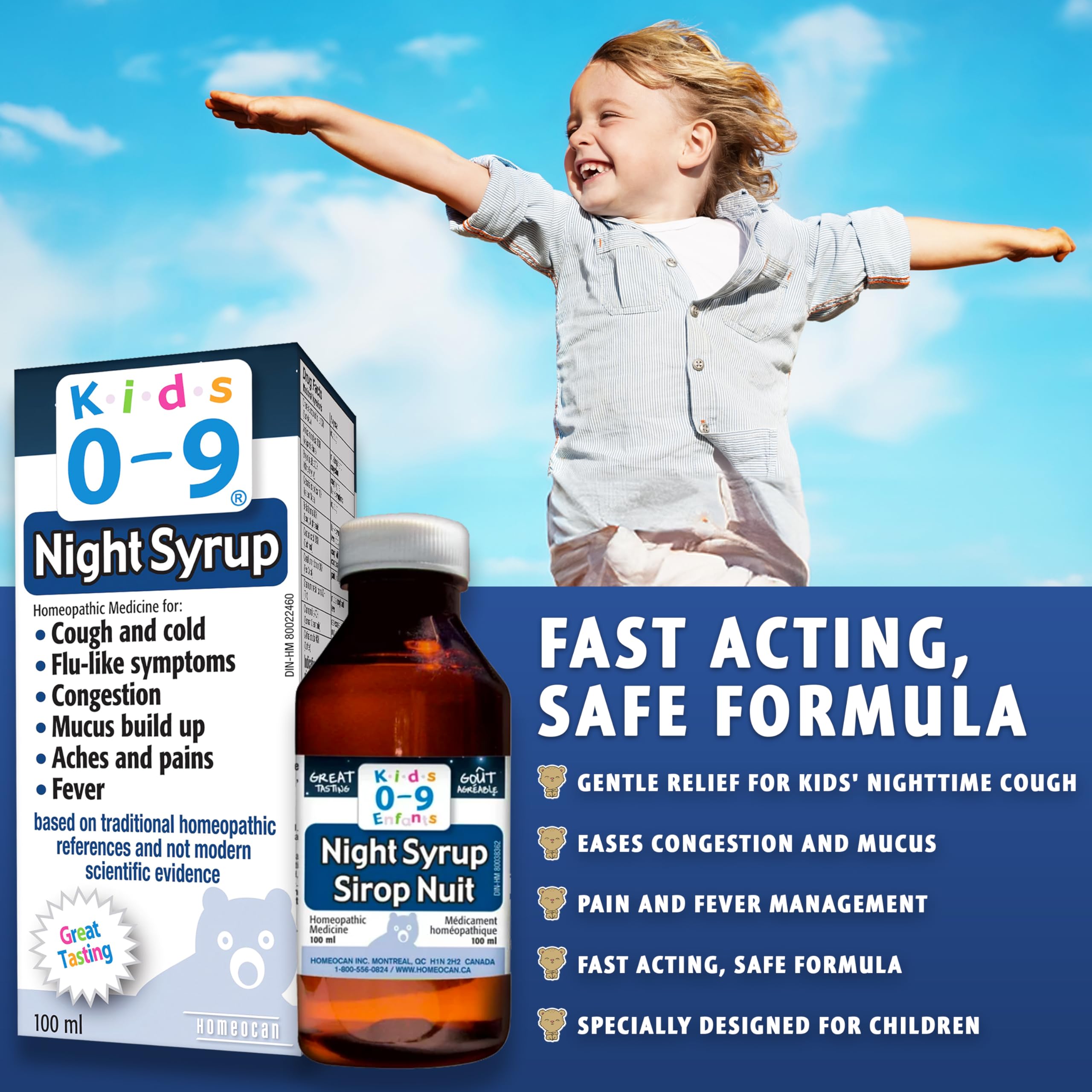 Sirop Nuit Enfants 0-9 ans, 100 ml - Soutien Doux Toux Sèche et Congestion, Soulage le mucus et l'Inconfort - Conçu pour les Tout-Petits et les Bébés - Soulagement Attentionné des Symptômes du Rhume chez les Enfants