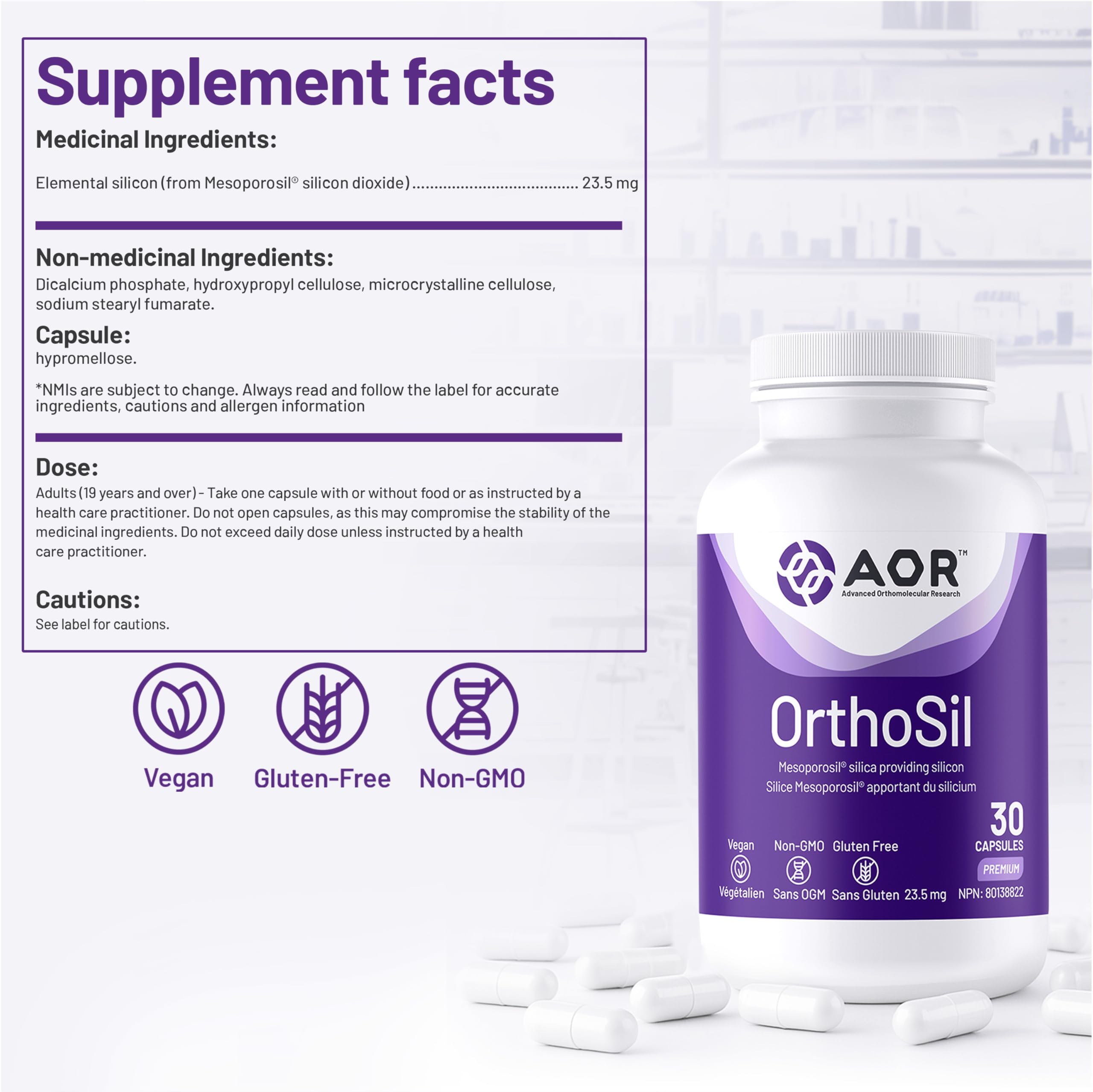 AOR OrthoSil Silica Supplement, 30 Vegan Capsules, 30 Days Supply, Features Patented Mesoporosil, Supports Healthy Hair, Skin, Nails, Connective Tissue & Structural Wellness, Gluten-Free & Non-GMO