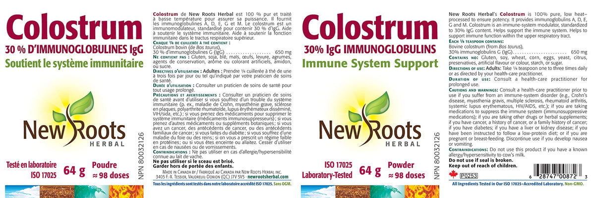 New Roots Herbal Bovine Colostrum Powder, 30% Immunoglobulins, 98 Servings