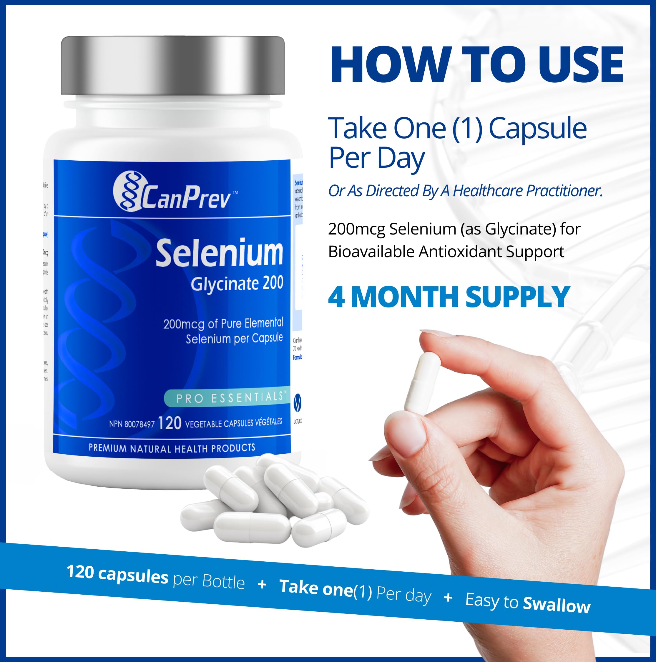 CanPrev Sélénium Glycinate Pur 200mcg, 120 V-Caps, Approvisionnement de 4 Mois, Oligo-élément Essentiel pour le Soutien Antioxydant, la Fonction Thyroïdienne et la Synthèse d'ADN, Aide à Maintenir la Santé de la Prostate - Convient aux Végétaliens