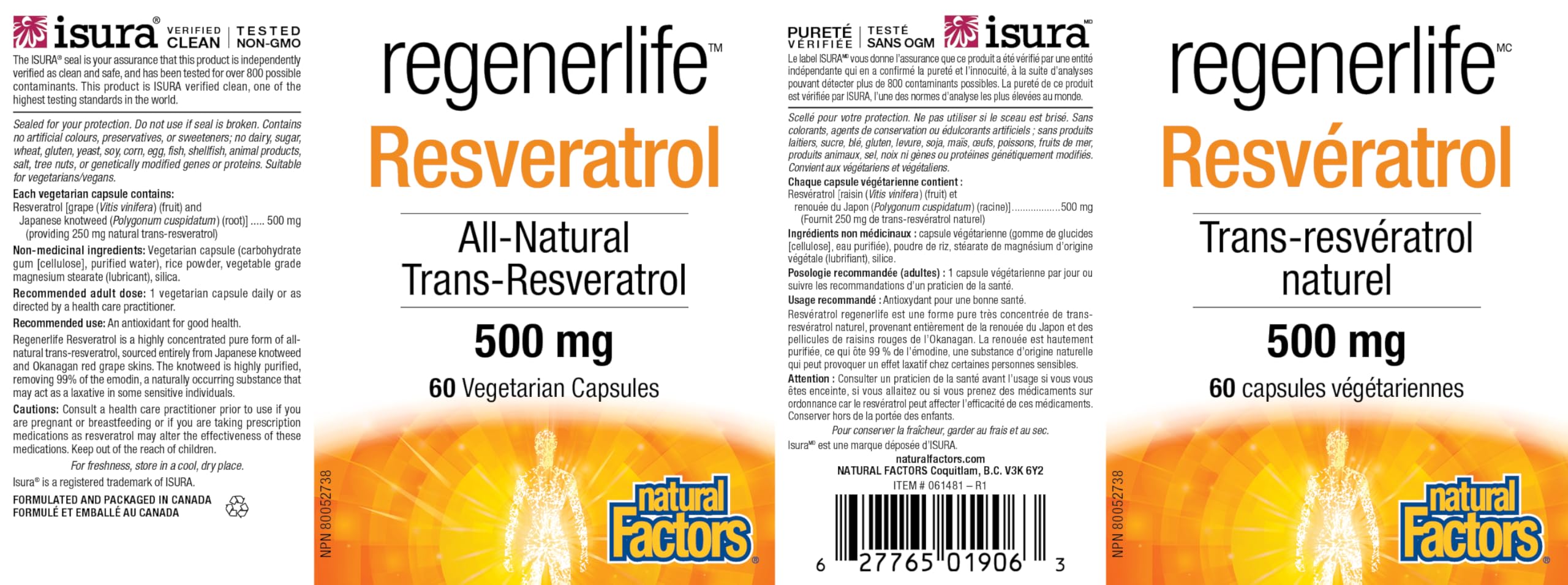 Natural Factors Regenerlife Resveratrol 500 mg, 60 Vegetarian Capsules, All-Natural Trans-Resveratrol, Potent Antioxidant, Supports Healthy Aging, Proudly Canadian
