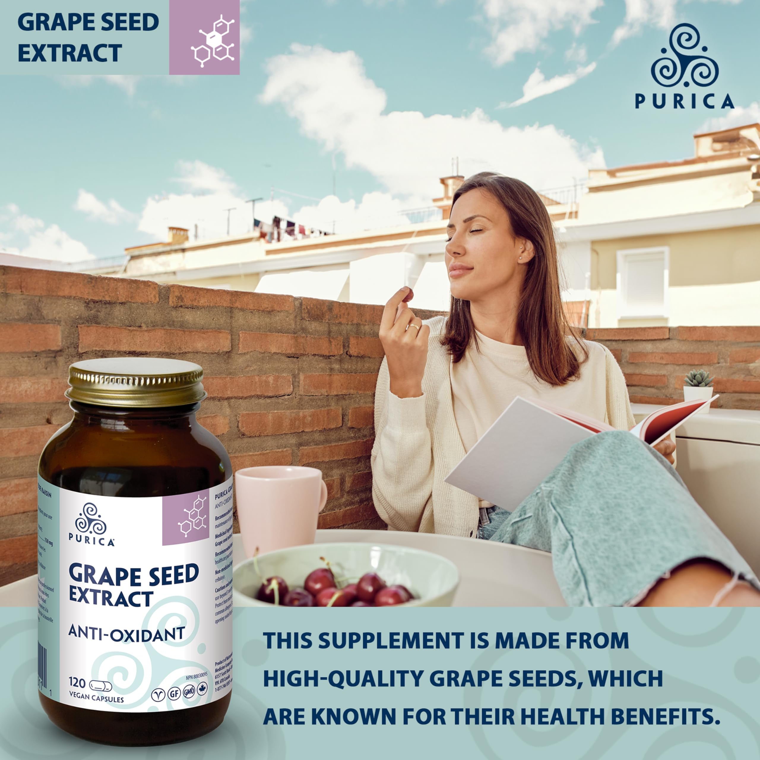 PURICA - Extrait de pépins de raisin, 120 capsules végétaliennes, cure de 60 jours - Source d'antioxydants pour le maintien d'une bonne santé, mélange concentré de proanthocyanidines standardisées - Sans OGM et sans gluten