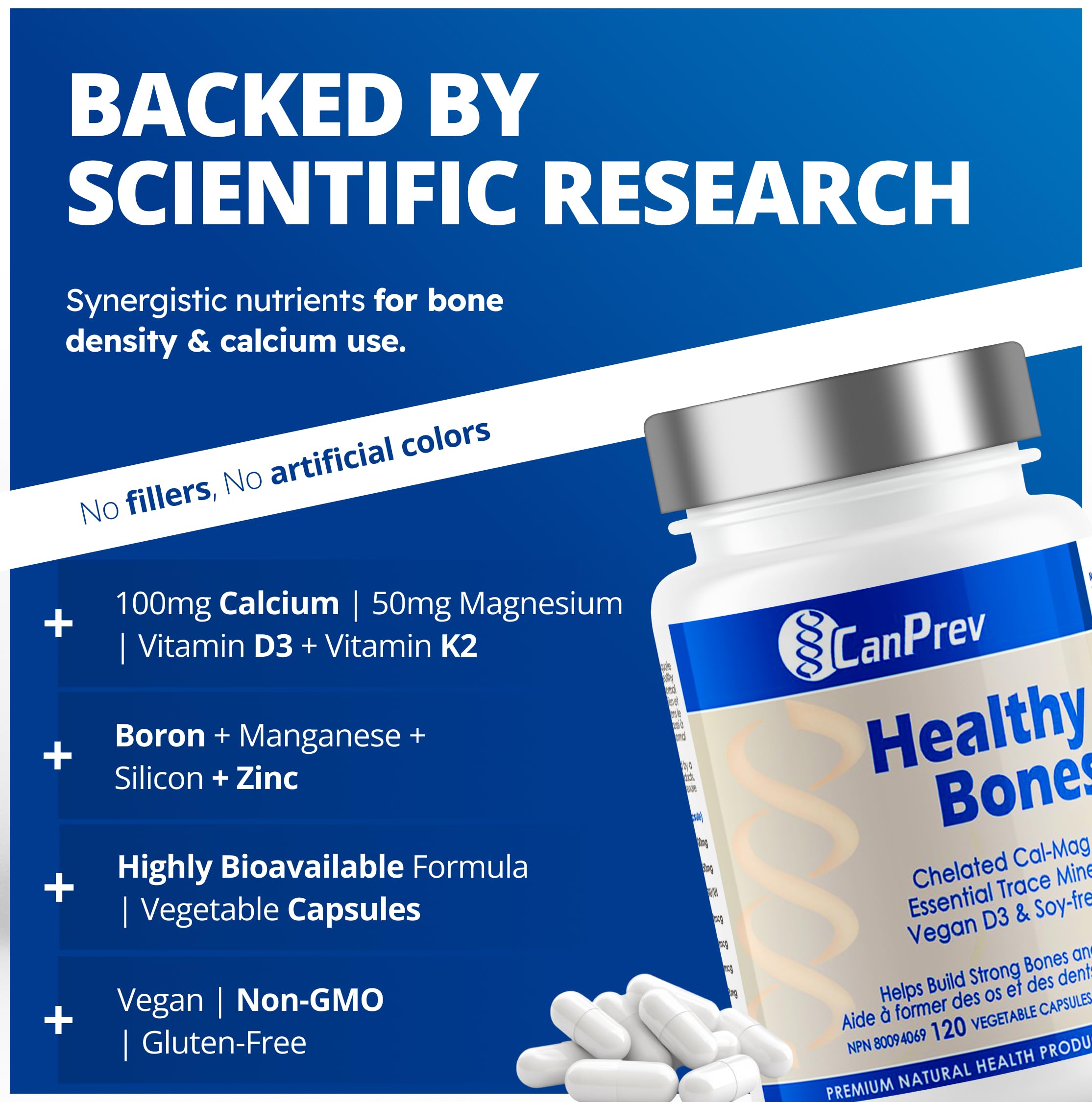 CanPrev Healthy Bones - Cal-Mag Chélaté 2:1, Oligo-éléments Essentiels, Vitamine D3 Végétalienne & K2 Sans Soja | Aide à Construire des Os et des Dents Solides | Produits de Santé Naturels de Première Qualité
