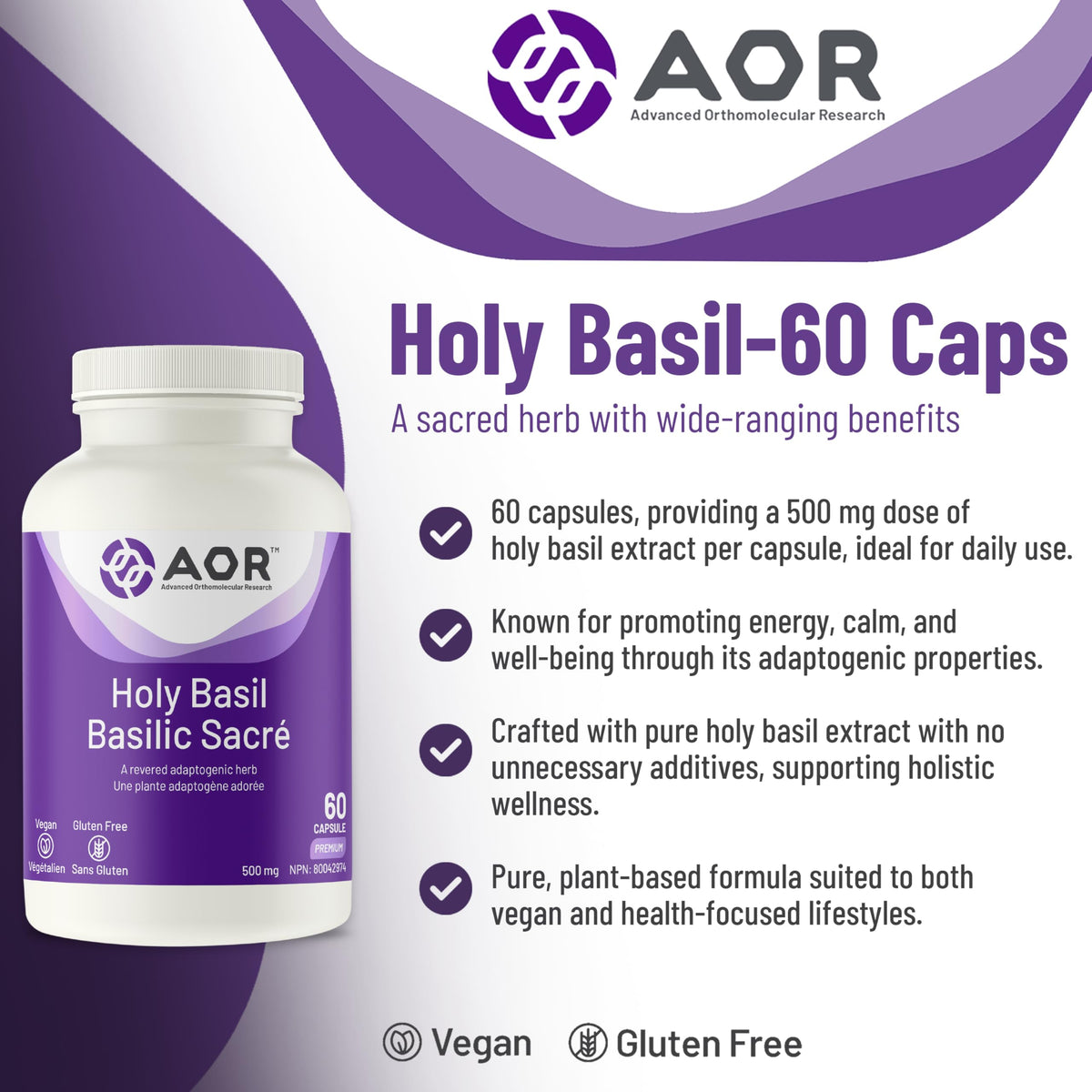 AOR Holy Basil Extract 500mg Supplement, Vegan Capsules, Tulsi, 60 Capsules