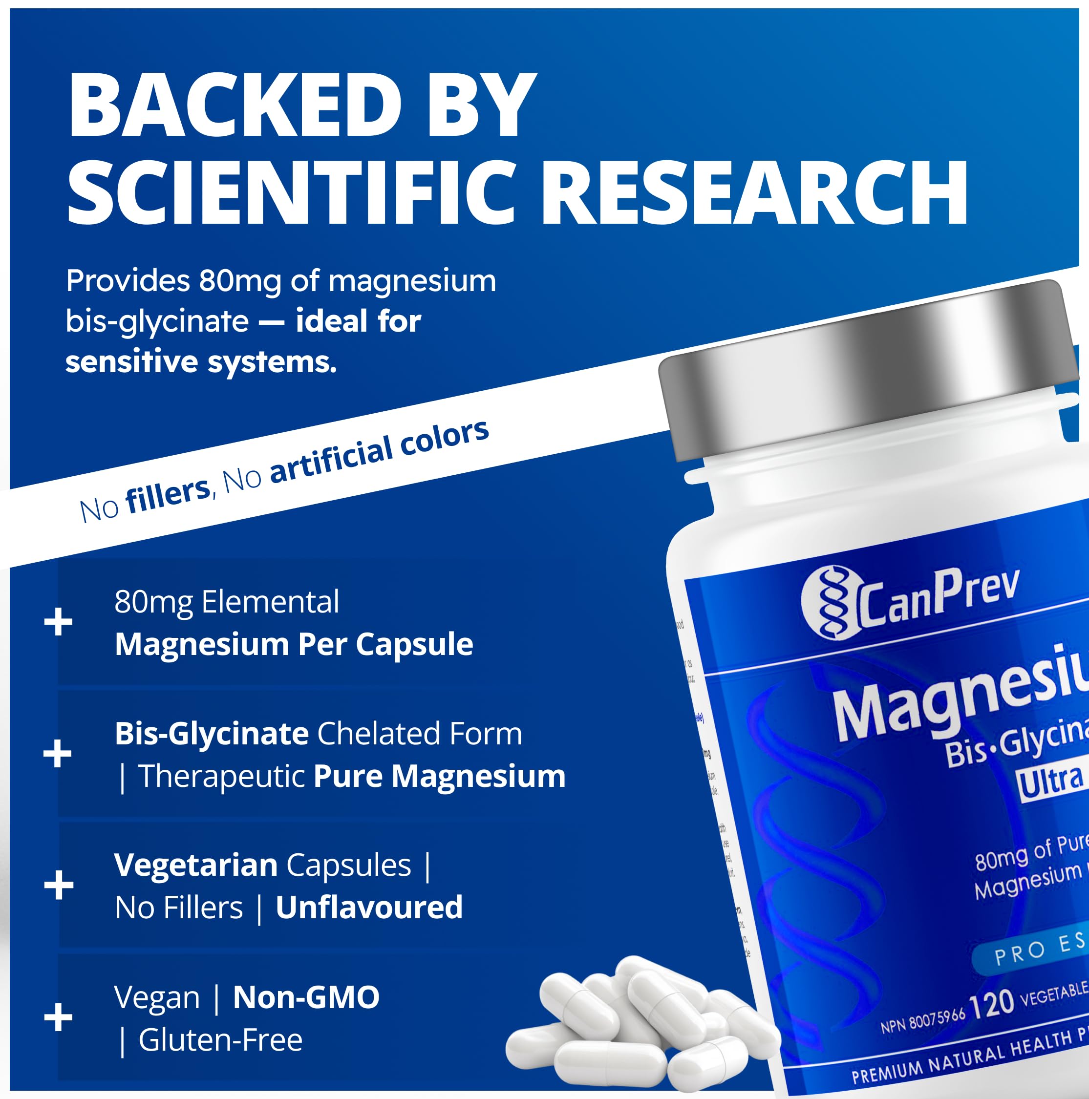 CanPrev Bis-Glycinate de Magnésium 80 Ultra Doux l Soutient la production d'énergie l Os, dents et muscles solides l Favorise la relaxation