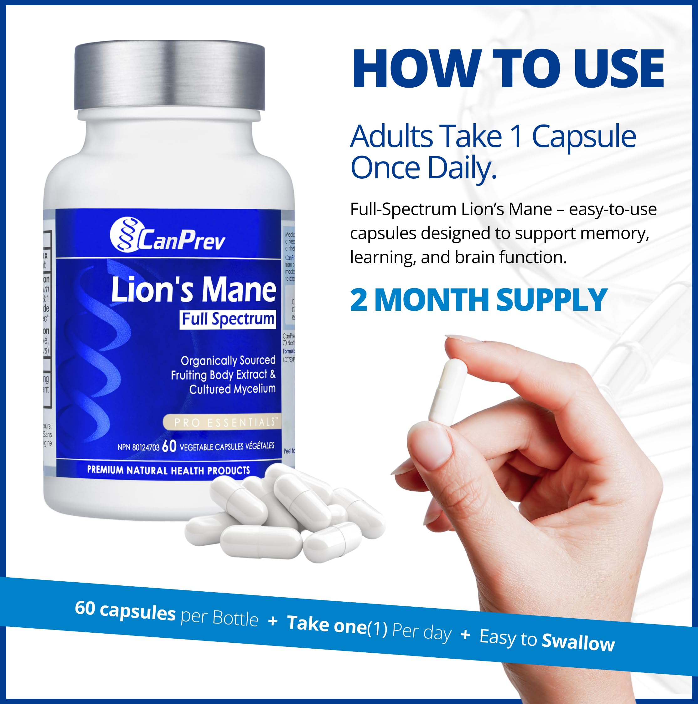 CanPrev Lion's Mane Full Spectrum Mushroom Supplement, 60 Veg Caps 2-Month Supply, Featuring Fruiting Body & Mycelium, Supports for Mental Clarity, Daily Focus & Cognitive Function, Vegan, Gluten-Free