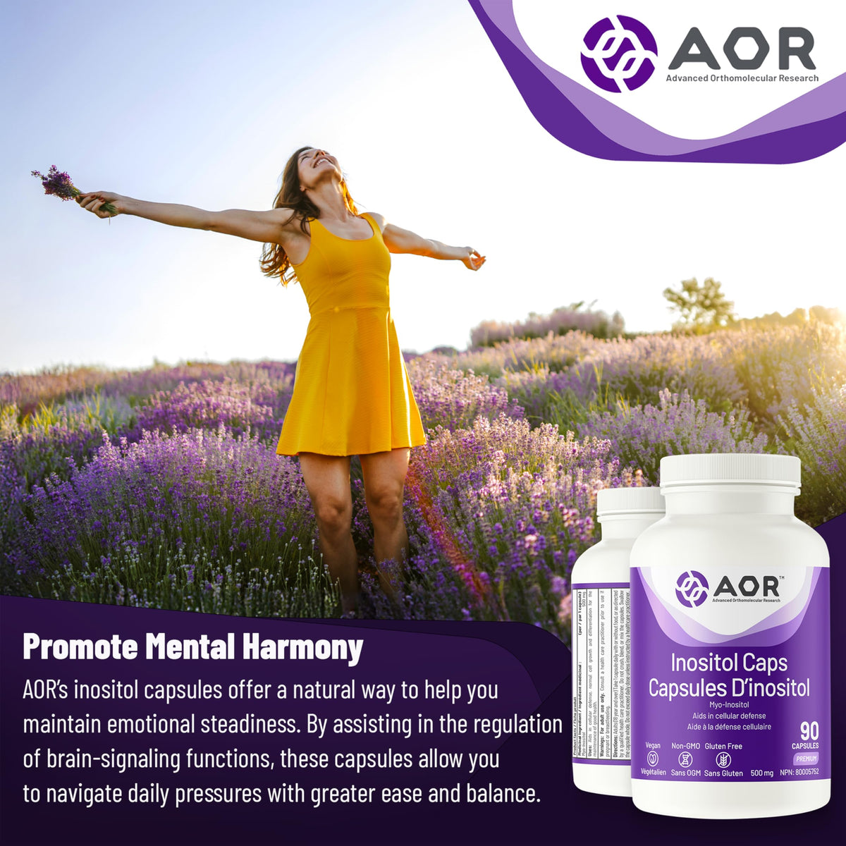 AOR Inositol Capsules, Myo Inositol 500mg, Vegan Capsule Shell, 90 Pack