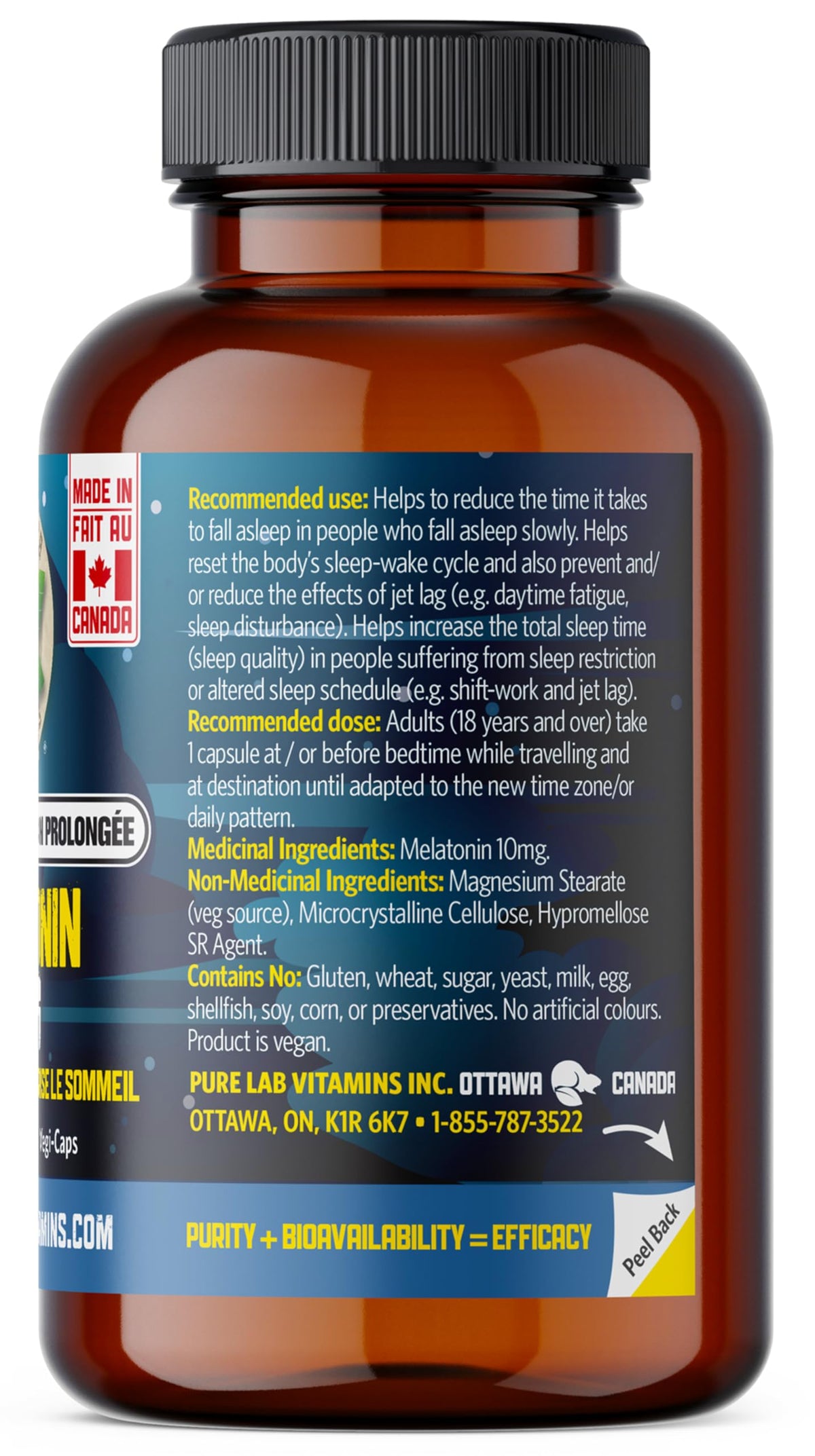 Pure Lab Vitamins - Melatonin Slow Release 10mg, 60 Vegi-Caps - Natural Melatonin Supplement for Sleeping - Jet Lag Relief and Night Time Sleep Aid for Adults - Promotes Sleep Support Supplement