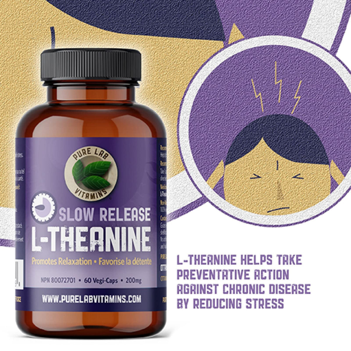 Pure Lab Vitamins | Slow Release L-Theanine 200mg | 60 Vegi Capsules | Concerns and Pressure Relief Supplements | Brain Memory & Focus Supplement for Adults
