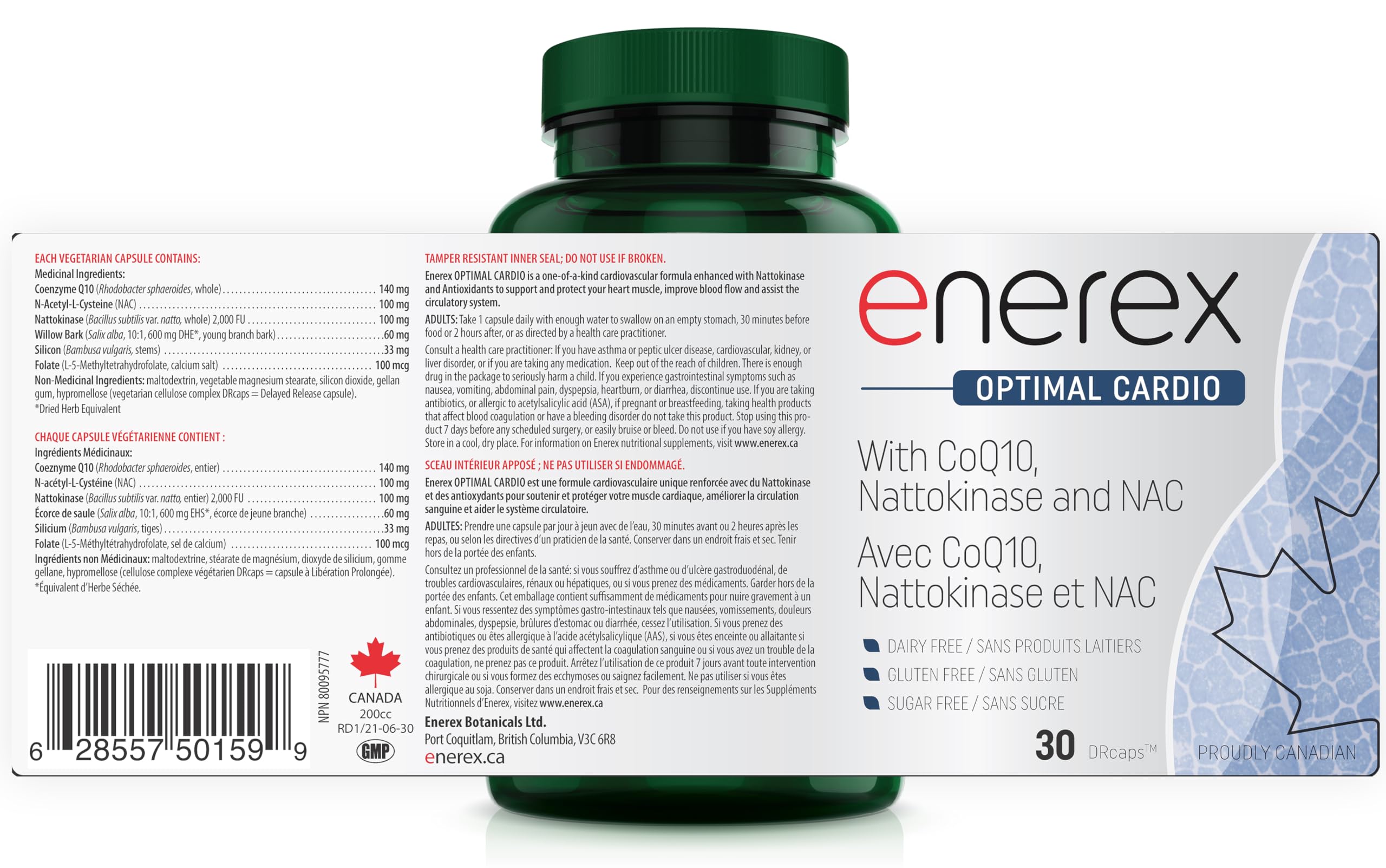 ENEREX Optimal Cardio Support, 30 DRCaps - Enrichi en Coenzyme Q10, Nattokinase & L-5-MTHF, Soutient la fonction cardiovasculaire, l'équilibre de la pression artérielle, Formule riche en antioxydants et en folate