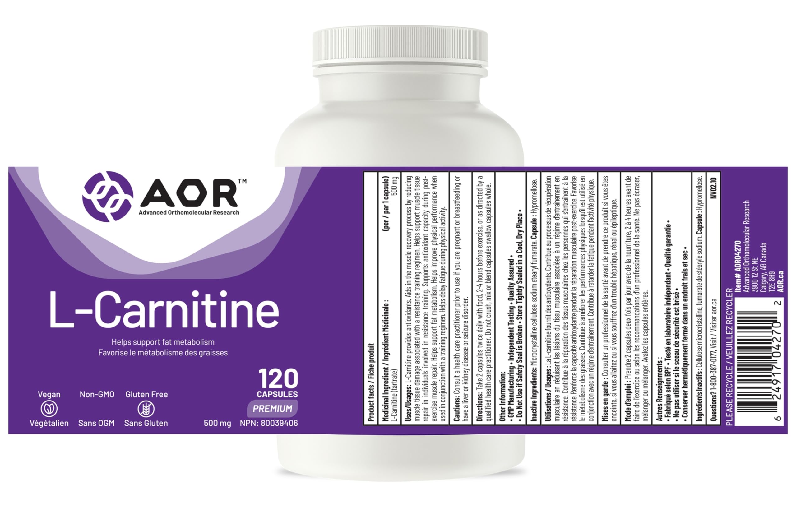 AOR - L-Carnitine 500mg, 120 Capsules 30-Day Supply - L-Carnitine Tartrate, Supports Energy Metabolism, Muscle Recovery & Athletic Performance, Promotes Fitness Goals - Vegan, Non-GMO, & Gluten-Free