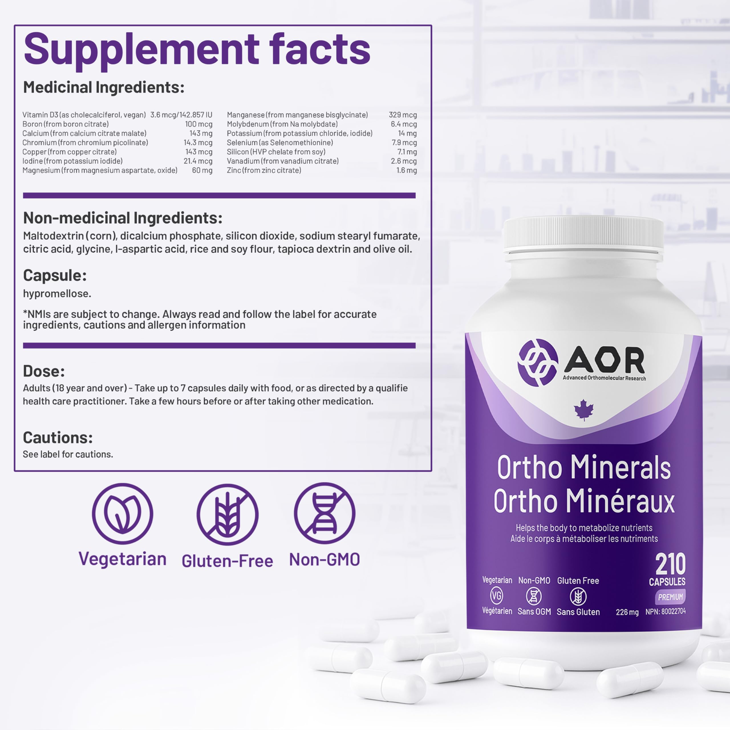 AOR Ortho Minerals, 210 Gélules Végétales, Un Mélange Multiminéral Équilibré Pour 30 Jours, Avec D3, Zinc, Cuivre, Chrome, Soutient le Bien-être Quotidien, le Métabolisme, la Fonction Osseuse et Musculaire, Sans OGM, Sans Gluten