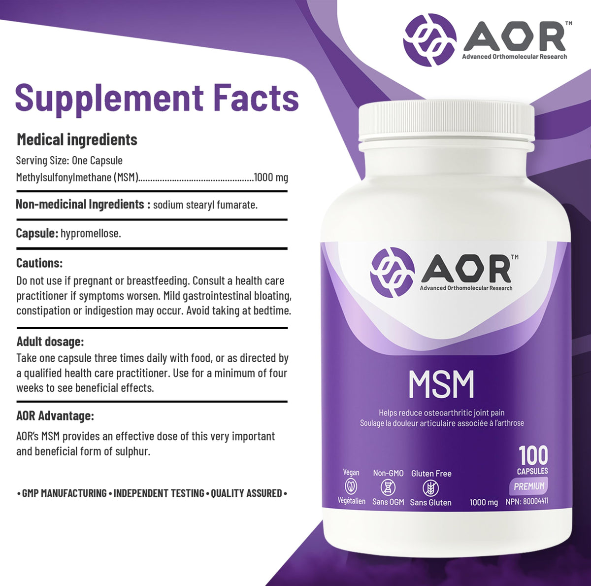 AOR MSM Joint Supplement, 1000 mg, 100 Vegan Capsules, Gluten Free, Non GMO