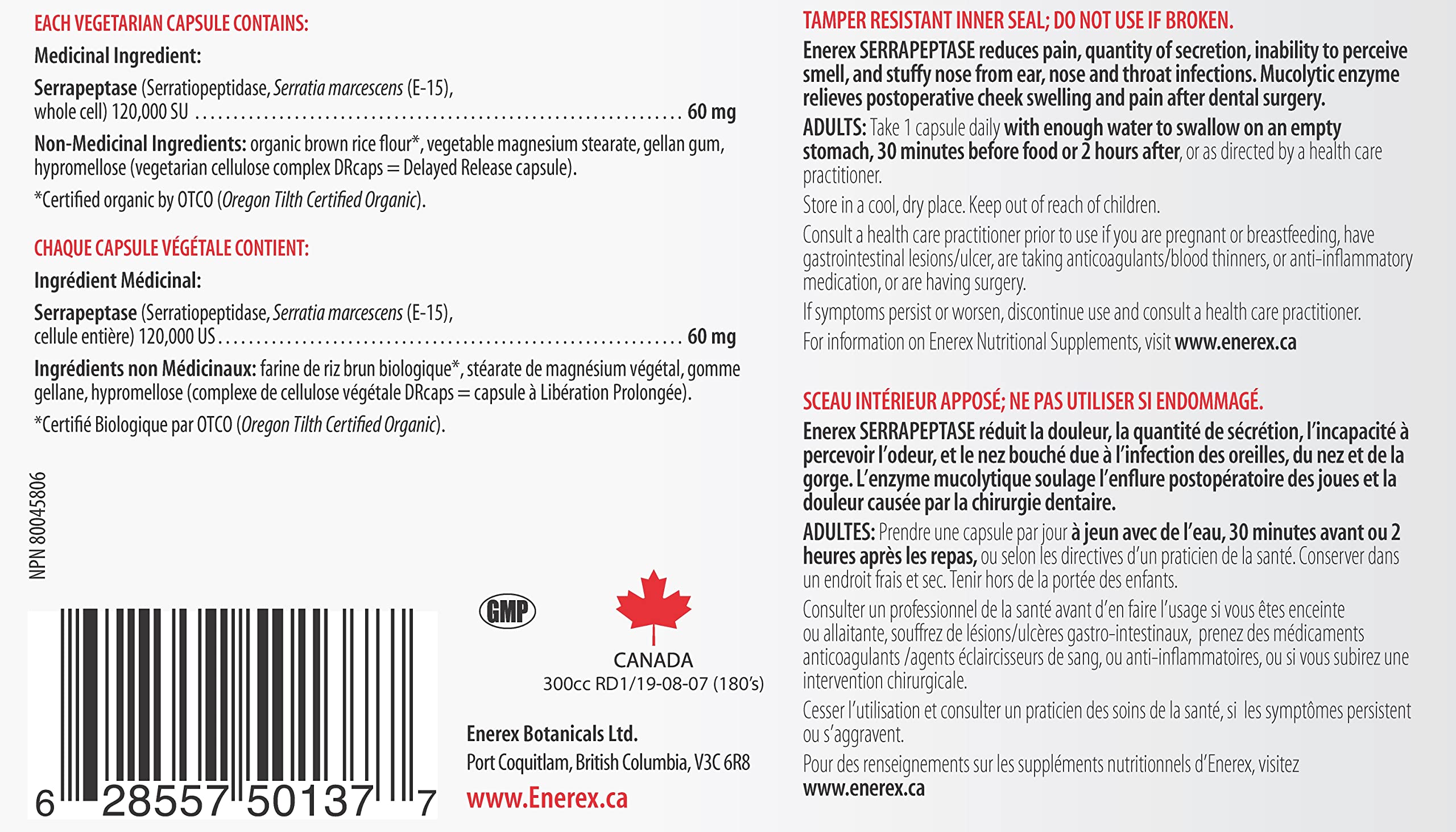 Enerex Serrapeptase 120 000 SU 180 DRcaps – Supplément enzymatique à haute puissance – Serrapeptase 120 000 SPU pour un soutien naturel – Supplément de serrapeptase pour le bien-être général