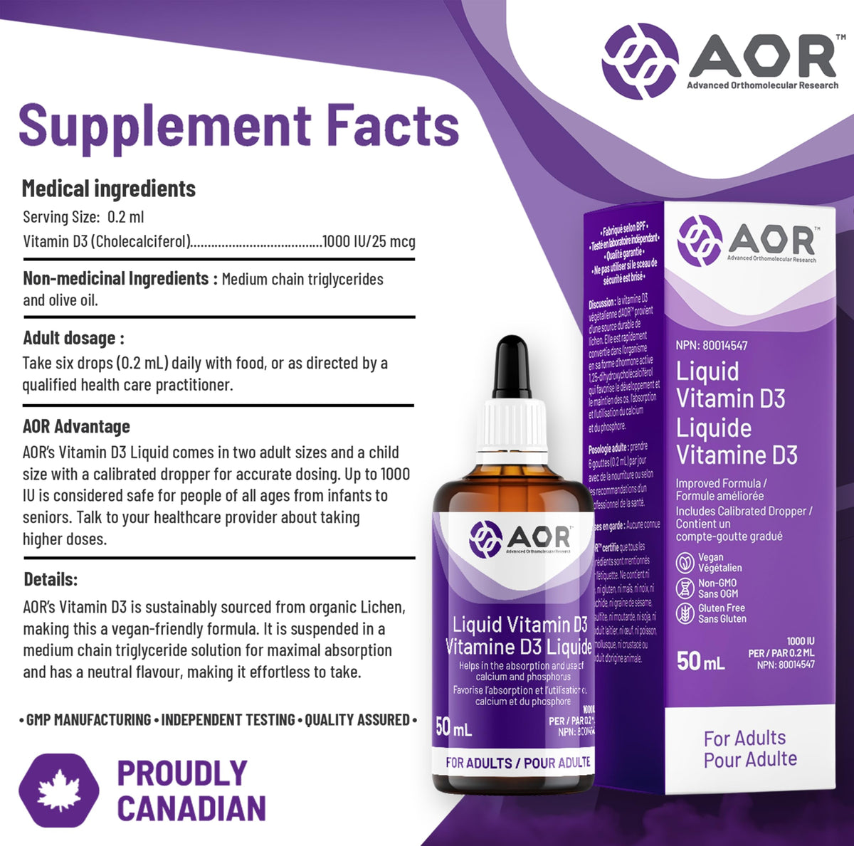AOR Liquid Vitamin D Drops, Vitamin D3, Vegan, 1000 IU, 50 ml, 250 Servings