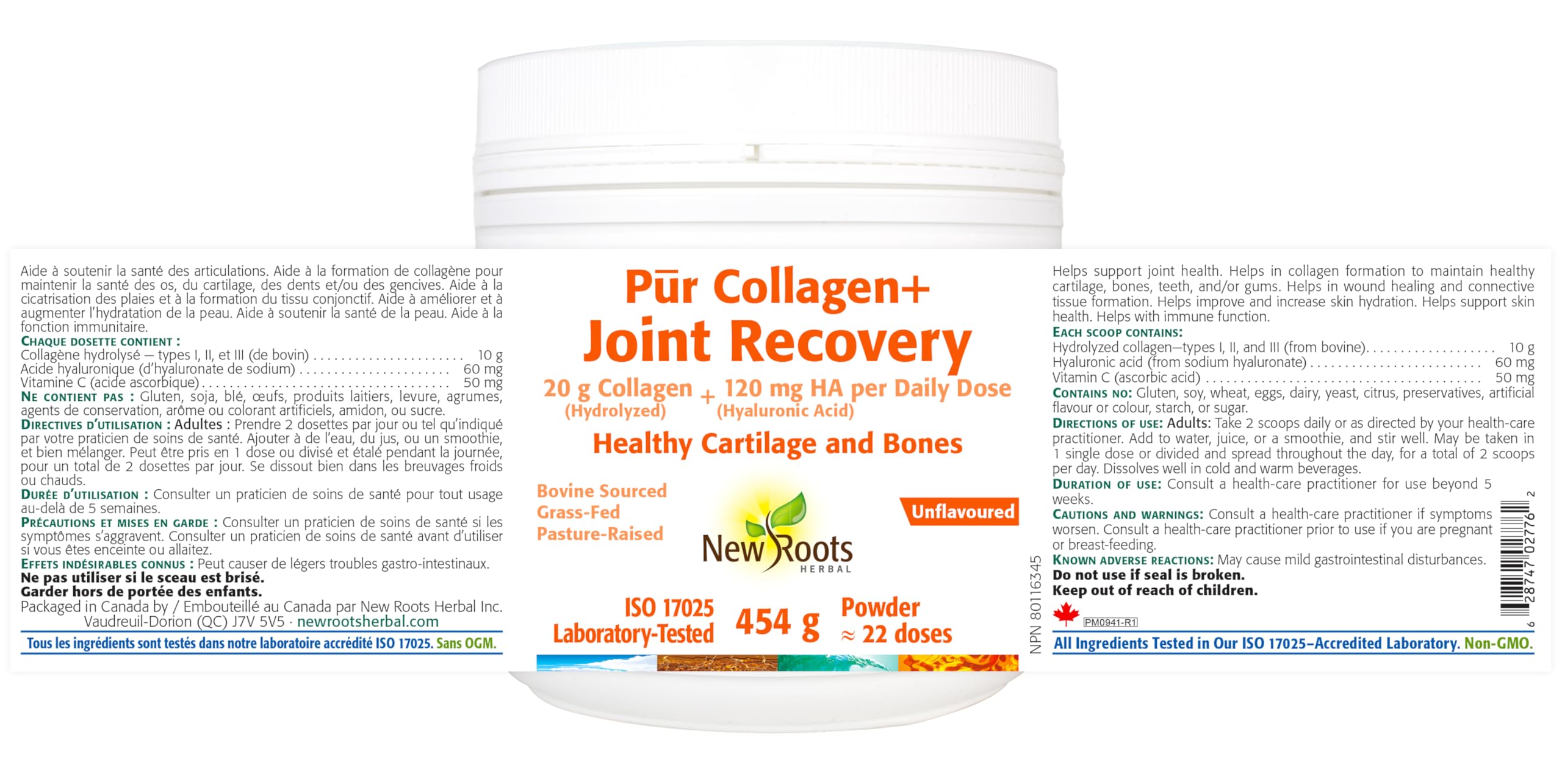 New Roots Herbal - Pur Collagène + Récupération Articulaire, 454g Poudre - Aide à maintenir la santé des cartilages, des os, des dents, des gencives et des articulations - Contribue au fonctionnement immunitaire et améliore l'hydratation de la peau