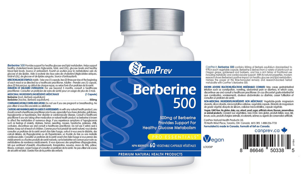 CanPrev Berberine 500mg Capsules, Glucose Metabolism, Vegan, 30 Day Supply