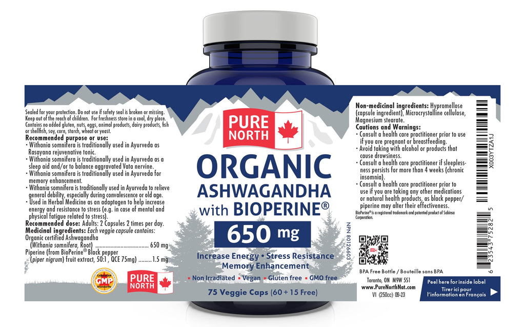 Pure North Naturals - Organic Ashwagandha with BioPerine, 75 Vegan Capsules - Improve Energy, Cognitive Function and Memory Enhancement - 3rd Party Tested - Formulated & Made in Canada