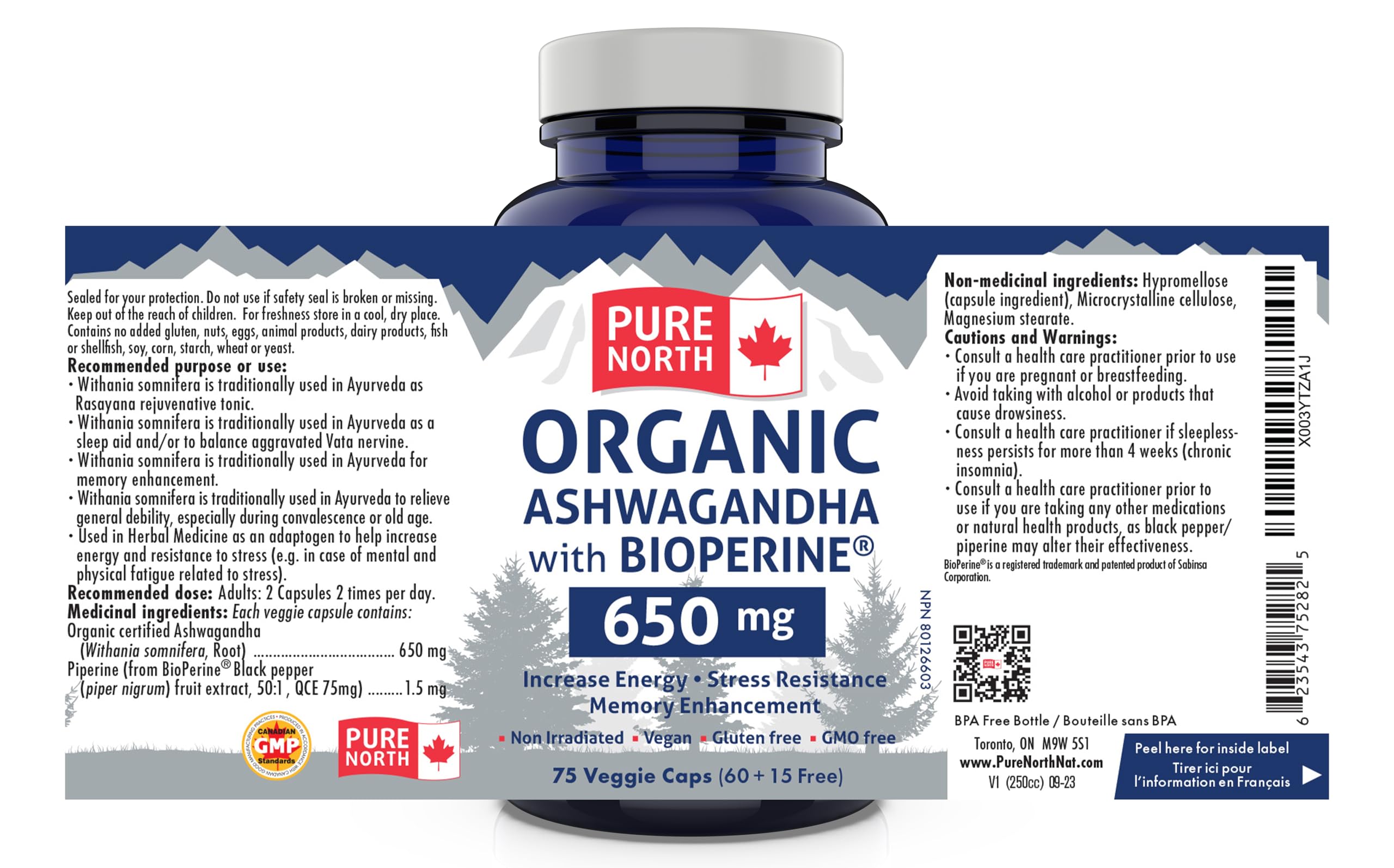 Pure North Naturals - Ashwagandha Bio avec BioPerine, 75 gélules végétaliennes - Améliore l'énergie, les fonctions cognitives et la mémoire - Testé par une tierce partie - Formulé et fabriqué au Canada