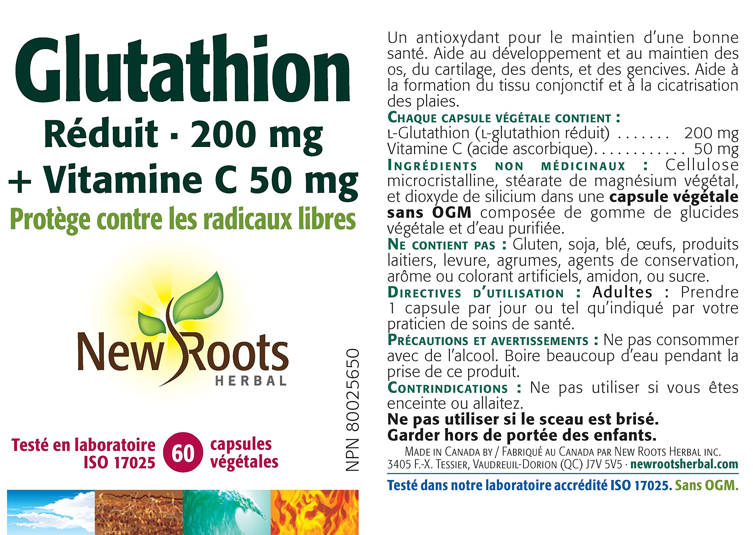 New Roots Herbal - Glutathione Reduced 200mg, 60 Capsules 60-Day Supply - L-Glutathione 200mg Vitamin-C 50mg Capsules - Helps in the Development and Maintenance of Bones, Cartilage, Teeth and Gums