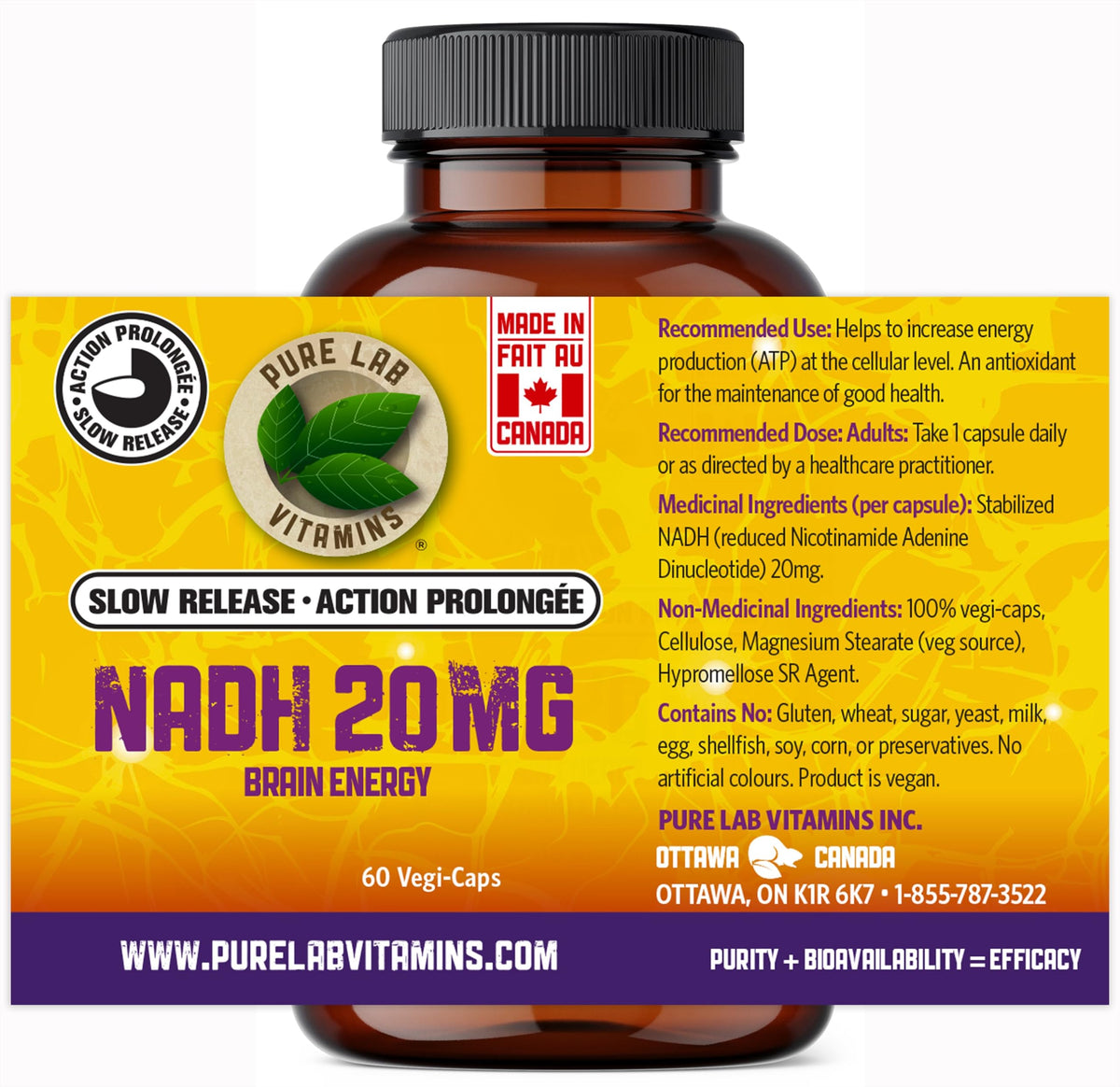Pure Lab Vitamins - NADH Supplement, 60 Vegi Capsules - NAD Supplement Nicotinamide Adenine Dinucleotide - Immune System Support, Memory Health, Mental Health and Brain Energy - Antioxidant Supplement