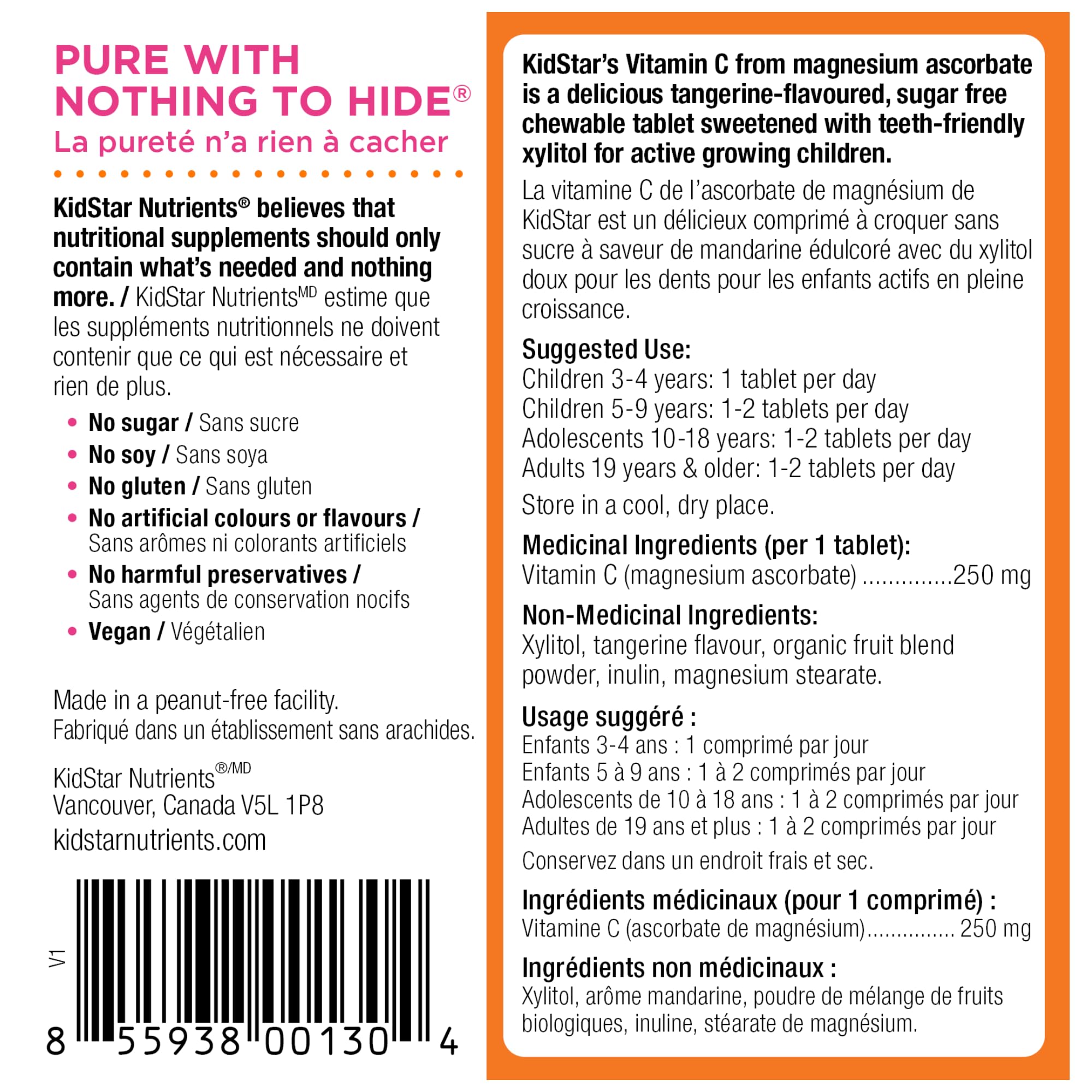 KidStar Vitamin C 250mg, 60 Sugar-Free Chewable Tablets 60-Day Supply, Tangy Tangerine Flavor, Support Immune Function & Collagen Production, Antioxidant-Rich, Gentle on Stomach, Non-GMO & Gluten-Free