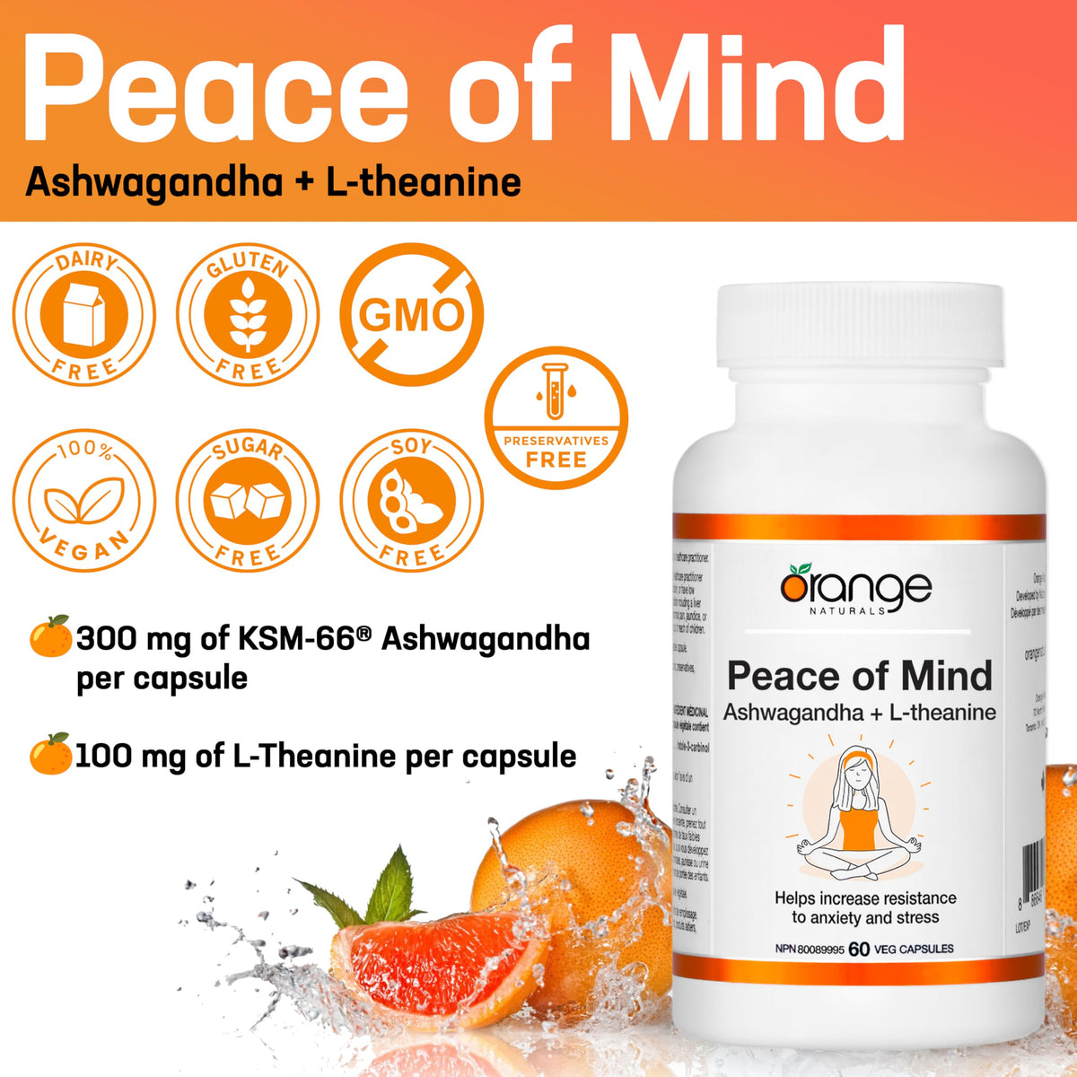 Orange Naturals Peace of Mind Ashwagandha KSM-66, Theanine, 60 Veg Capsules