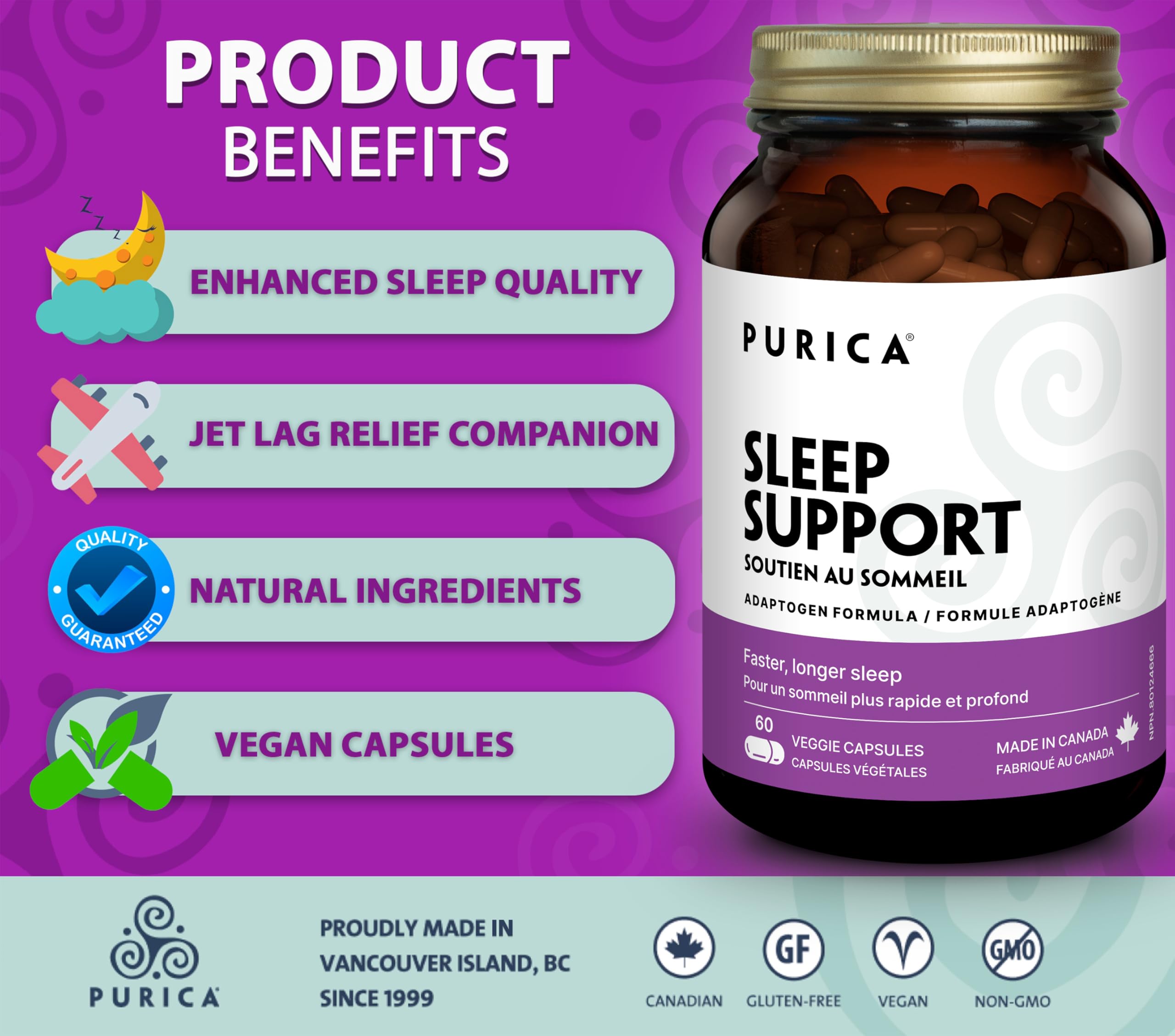 PURICA Sommeil Paisible, Aide à Favoriser des Nuits Reposantes et un Voyage Facile, Contient des Champignons Reishi Rouges, de l'Ashwagandha Biologique et de la Mélatonine, Formule Sans Gluten et Sans OGM